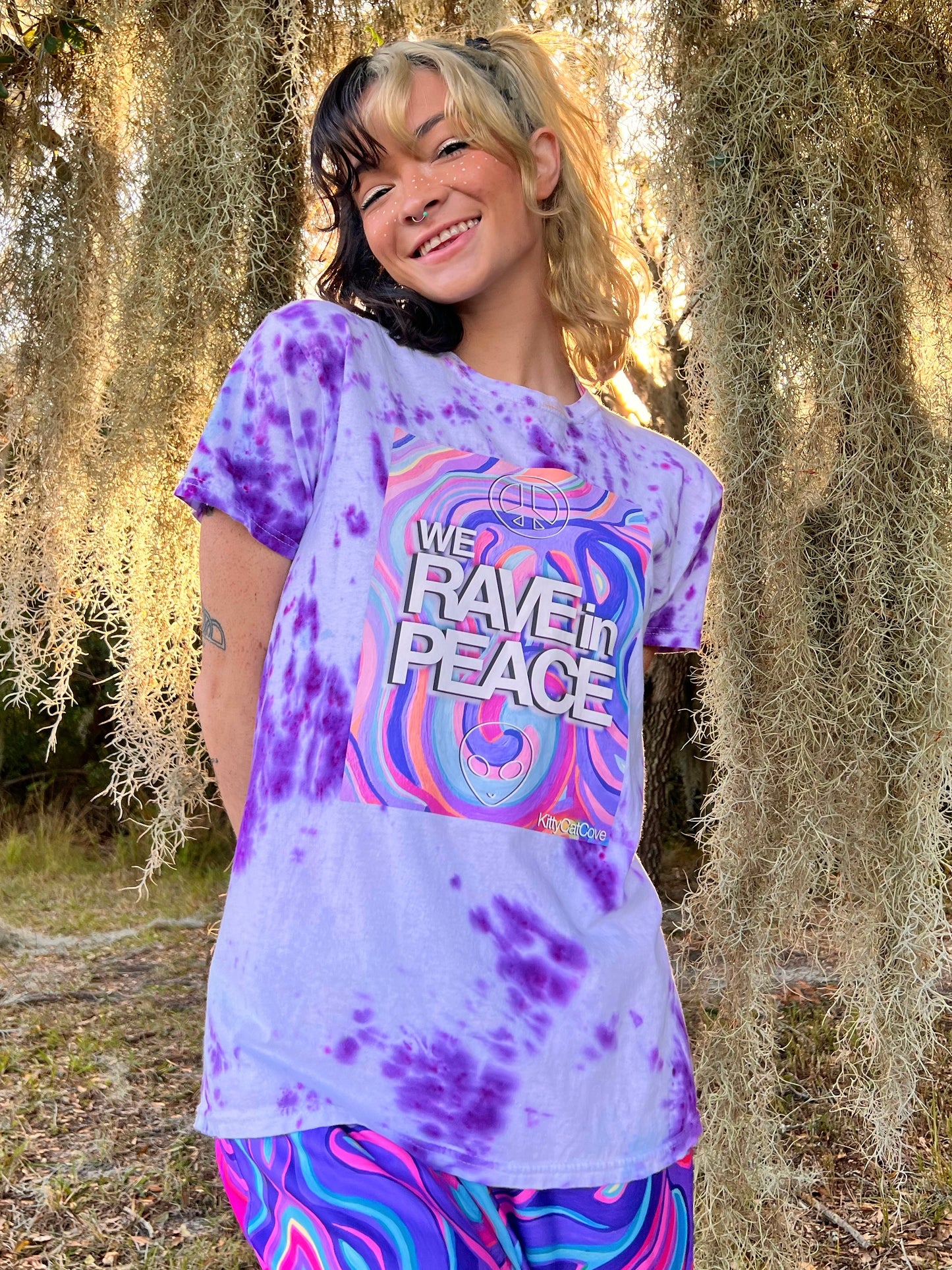 UP-CYCLED Purple Hand Tie Dyed "We Rave In Peace" Amethyst Art Print T-Shirt