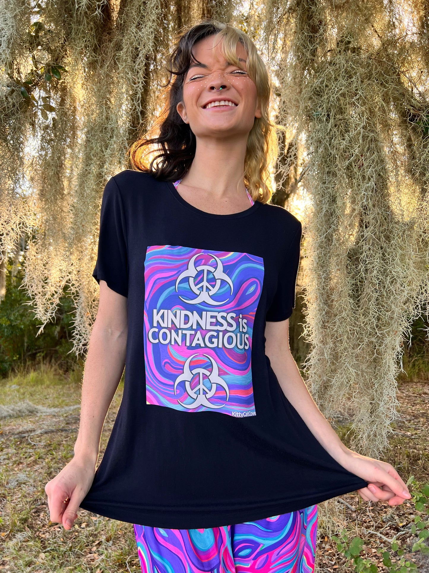 UP-CYCLED Black "Kindness Is Contagious" Amethyst Art Print T-Shirt