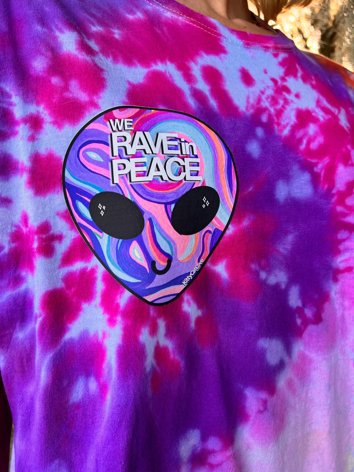 UP-CYCLED Tie Dyed "We Rave In Peace" Amethyst Art Print T-Shirt