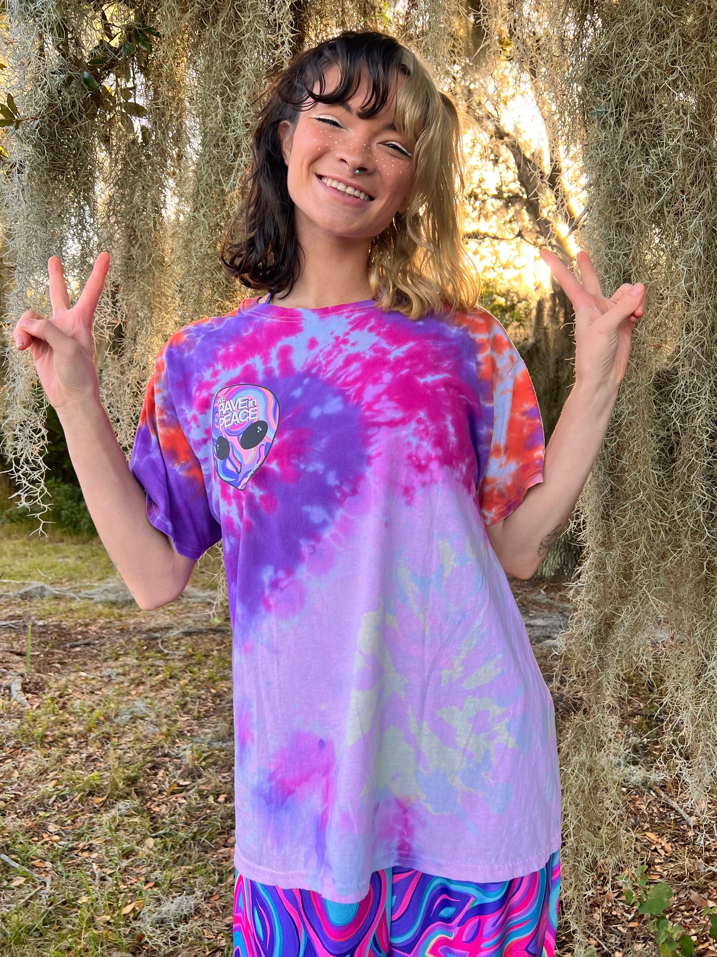 UP-CYCLED Tie Dyed "We Rave In Peace" Amethyst Art Print T-Shirt