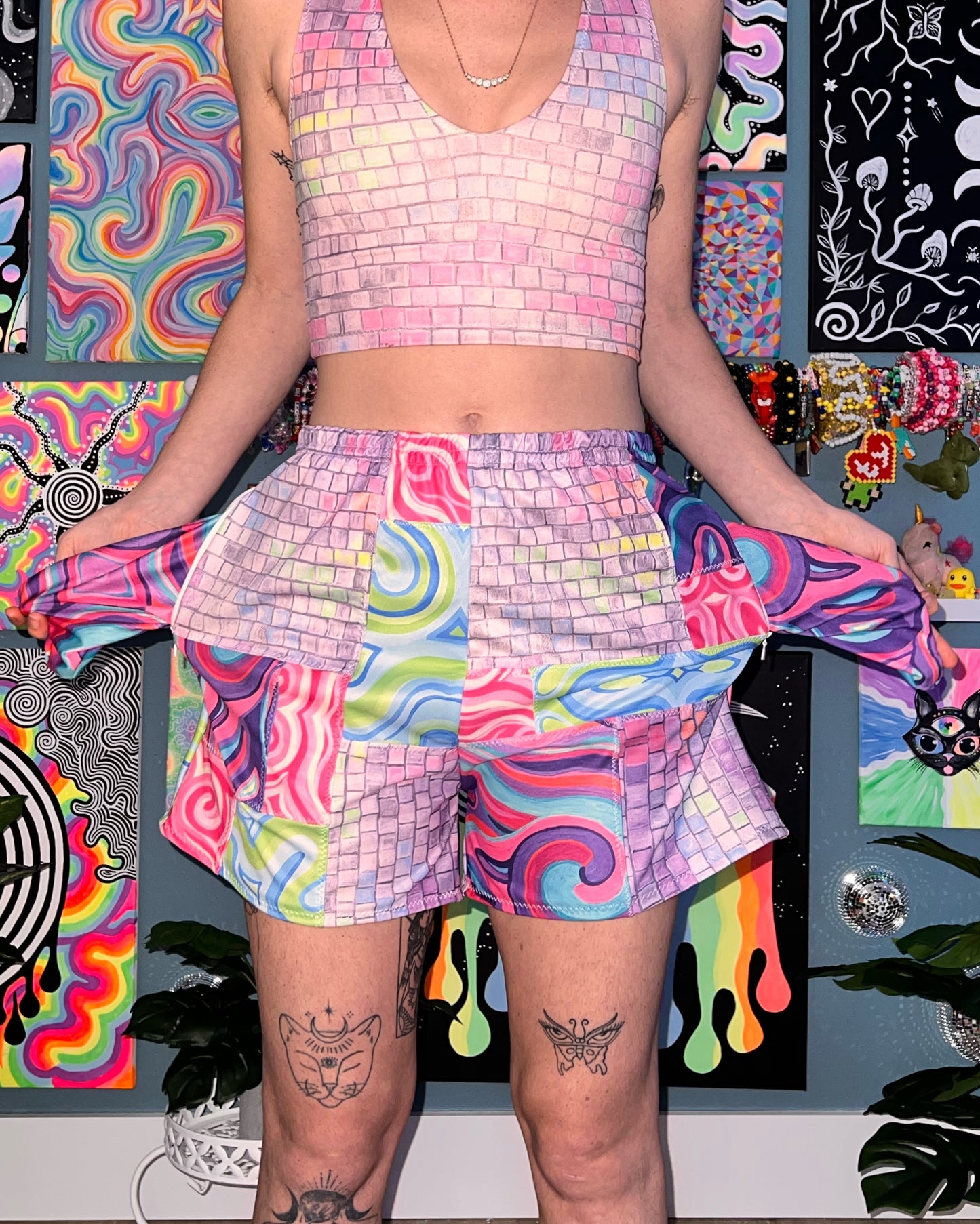 "Disco Kitty" Patchwork Flow Shorts (Small- Ready To Ship)