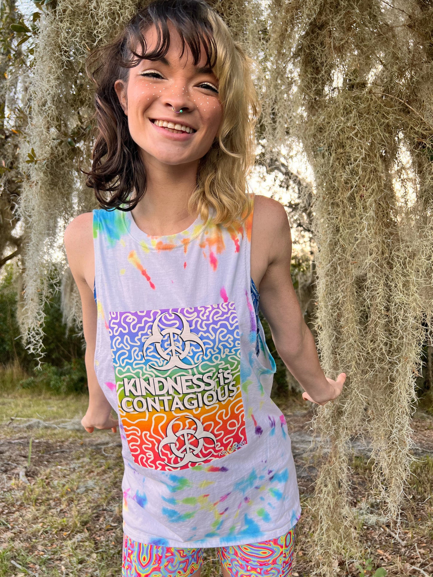 UP-CYCLED Rainbow Hand Tie Dyed "Kindness is Contagious" Tank Top