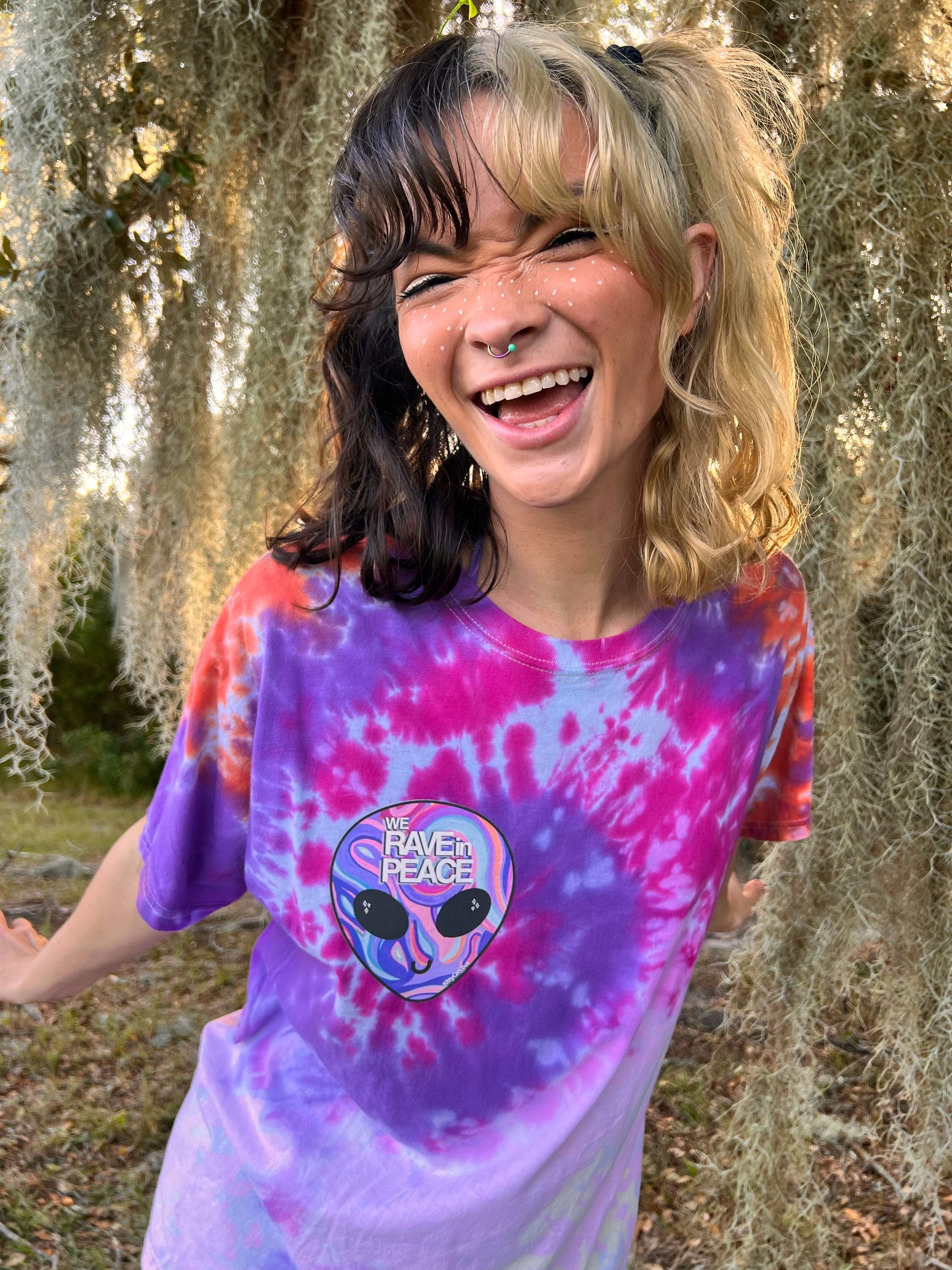 UP-CYCLED Tie Dyed "We Rave In Peace" Amethyst Art Print T-Shirt
