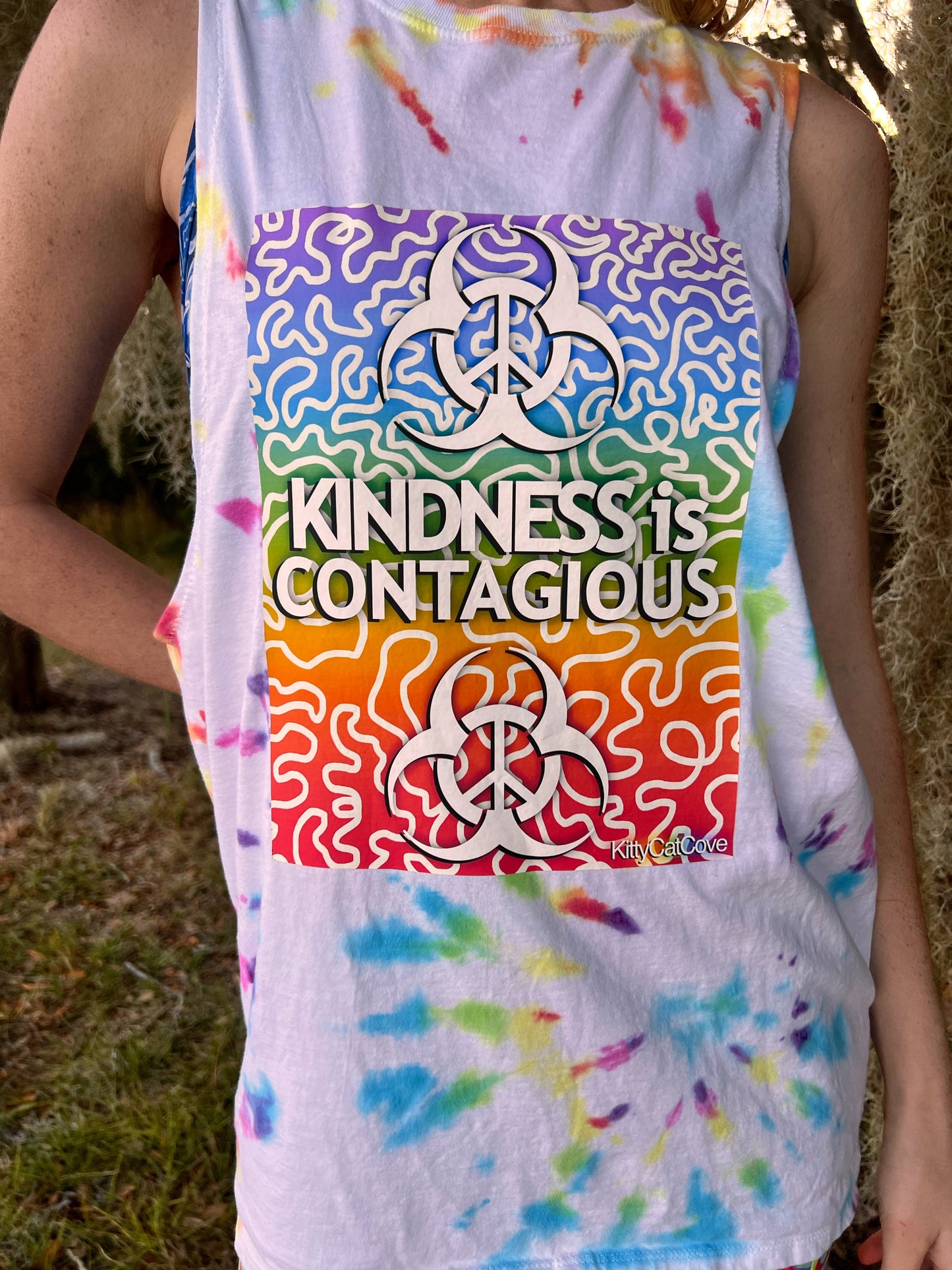 UP-CYCLED Rainbow Hand Tie Dyed "Kindness is Contagious" Tank Top