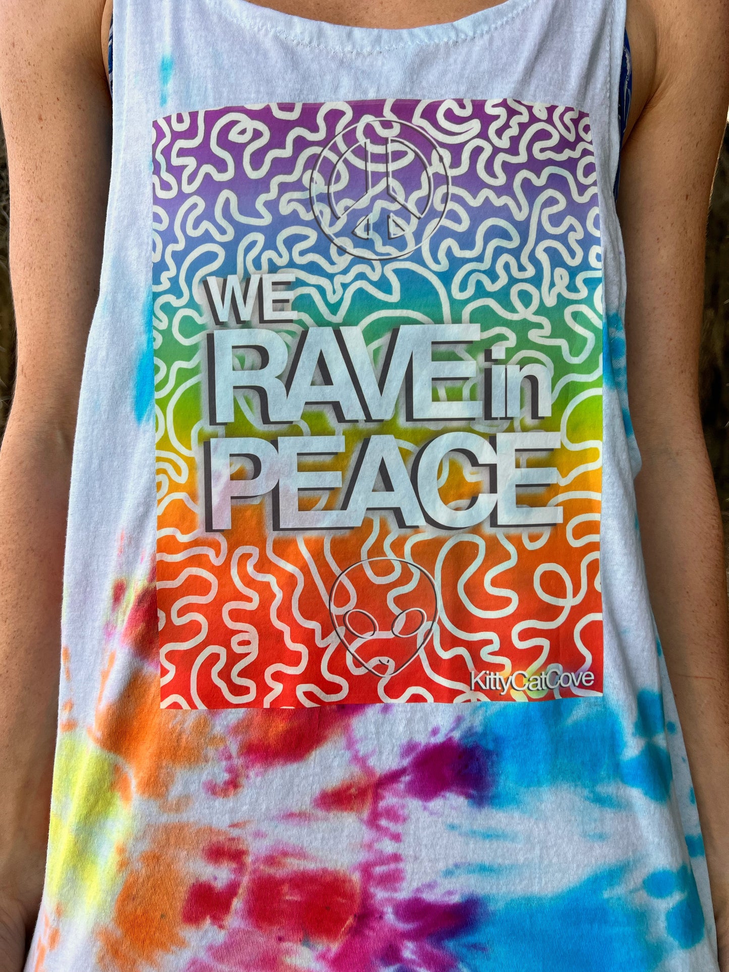 UP-CYCLED Hand Tie Dyed "We Rave In Peace" Rainbow Ombre Art Print Tank Top