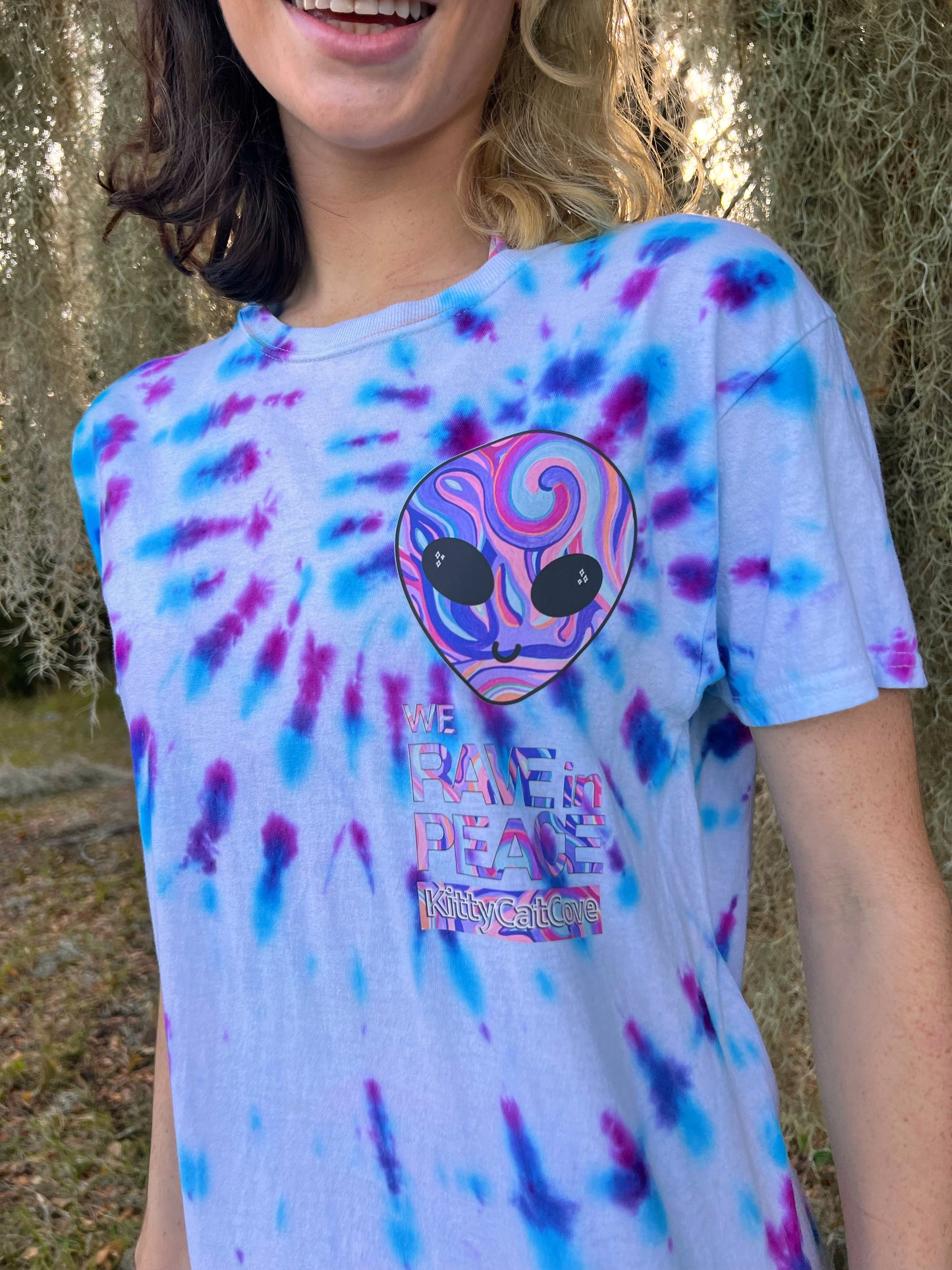 UP-CYCLED Hand Tie Dyed "We Rave In Peace" Amethyst Art Print T-Shirt