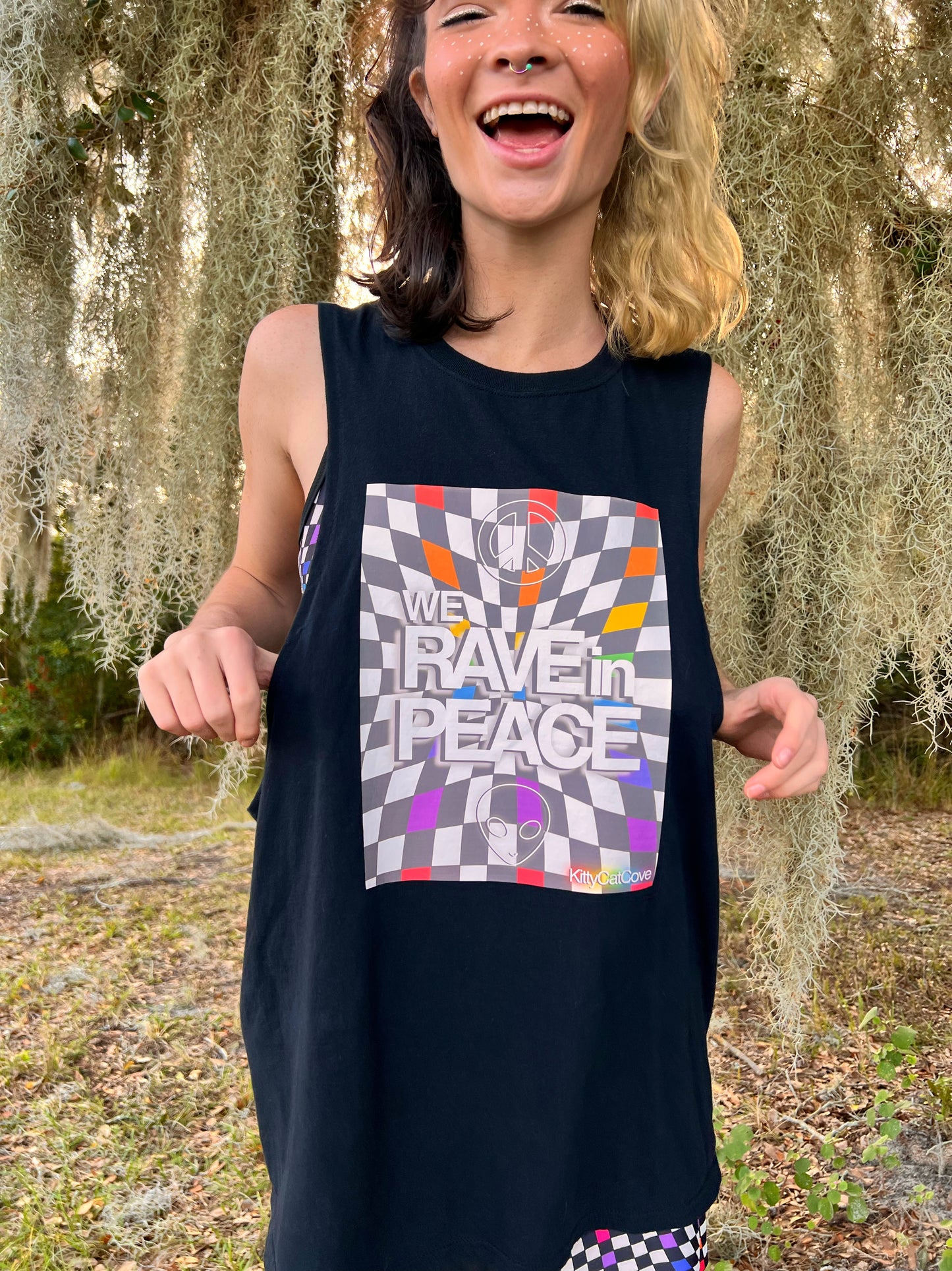 UP-CYCLED Black "We Rave In Peace" Rainbow Check Art Print Tank Top