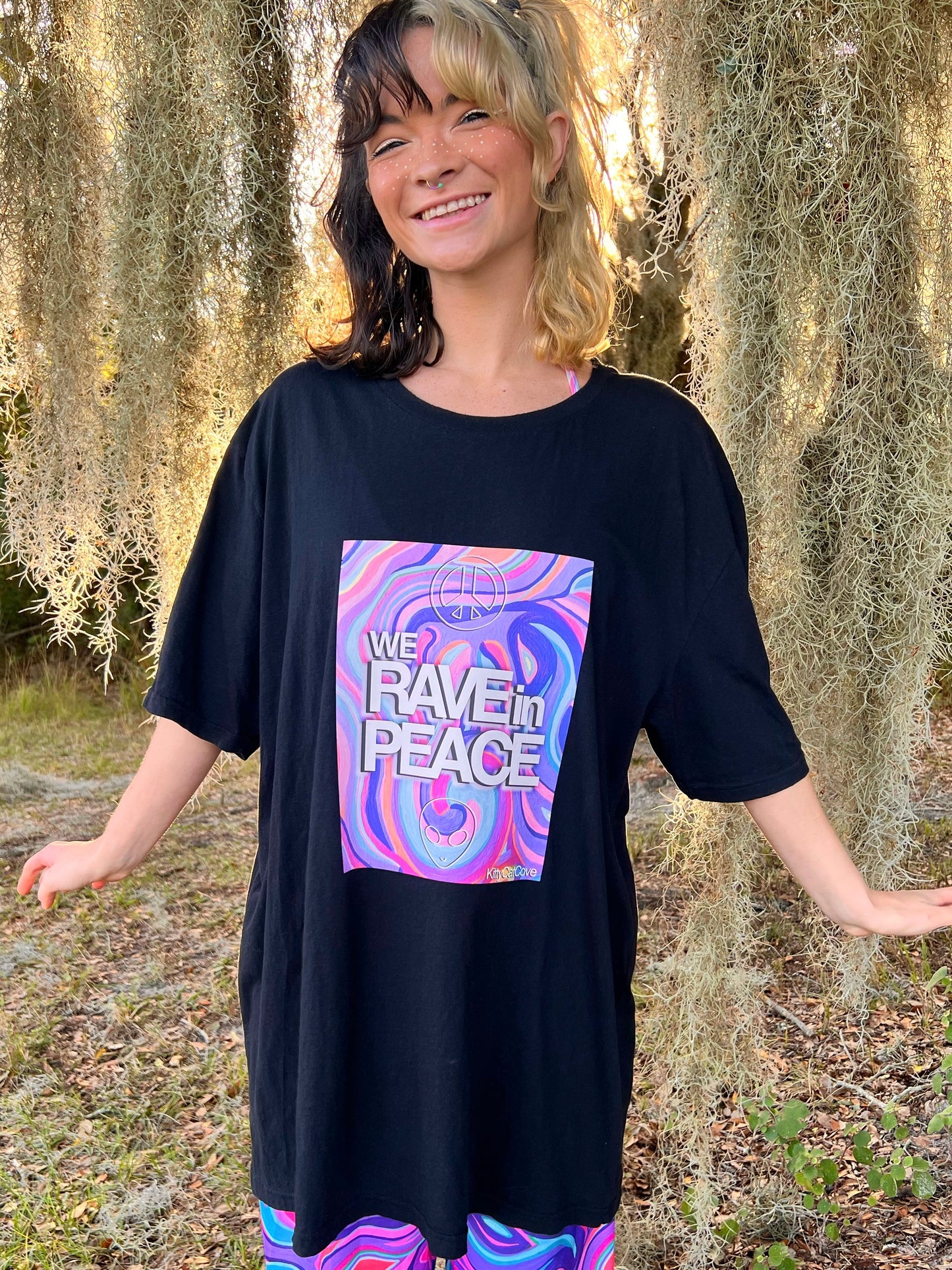 UP-CYCLED Black "We Rave In Peace" Amethyst Art Print T-Shirt