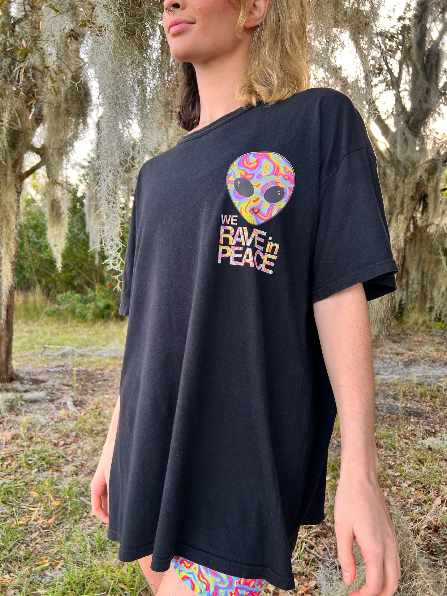 UP-CYCLED Black "We Rave In Peace" Rainbow Child Art Print Black T-Shirt