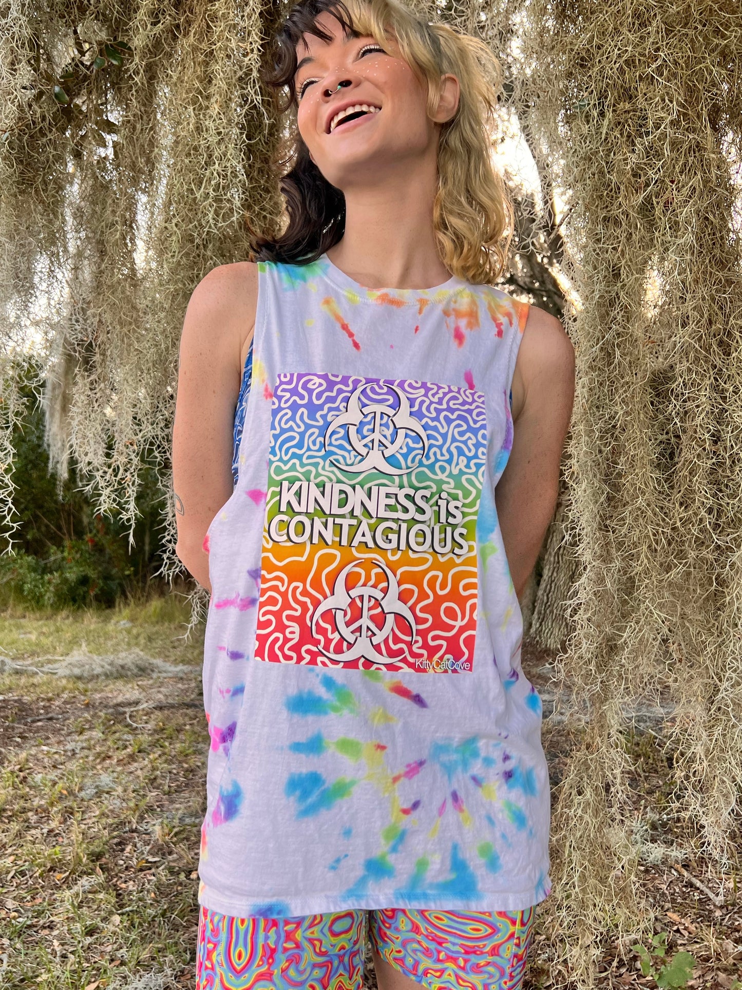 UP-CYCLED Rainbow Hand Tie Dyed "Kindness is Contagious" Tank Top