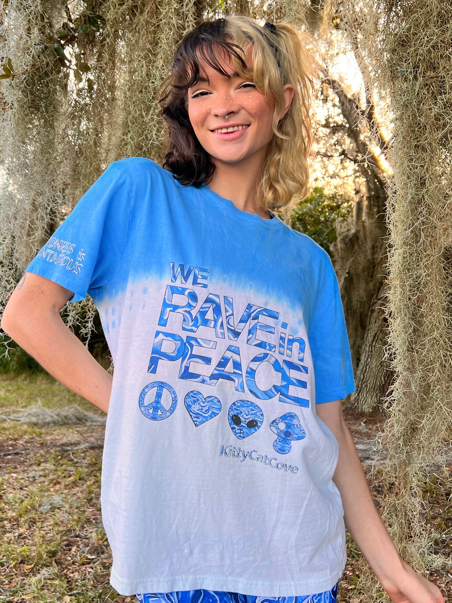 UP-CYCLED Blue Ombre "We Rave In Peace" Pool Party Art Print T-Shirt