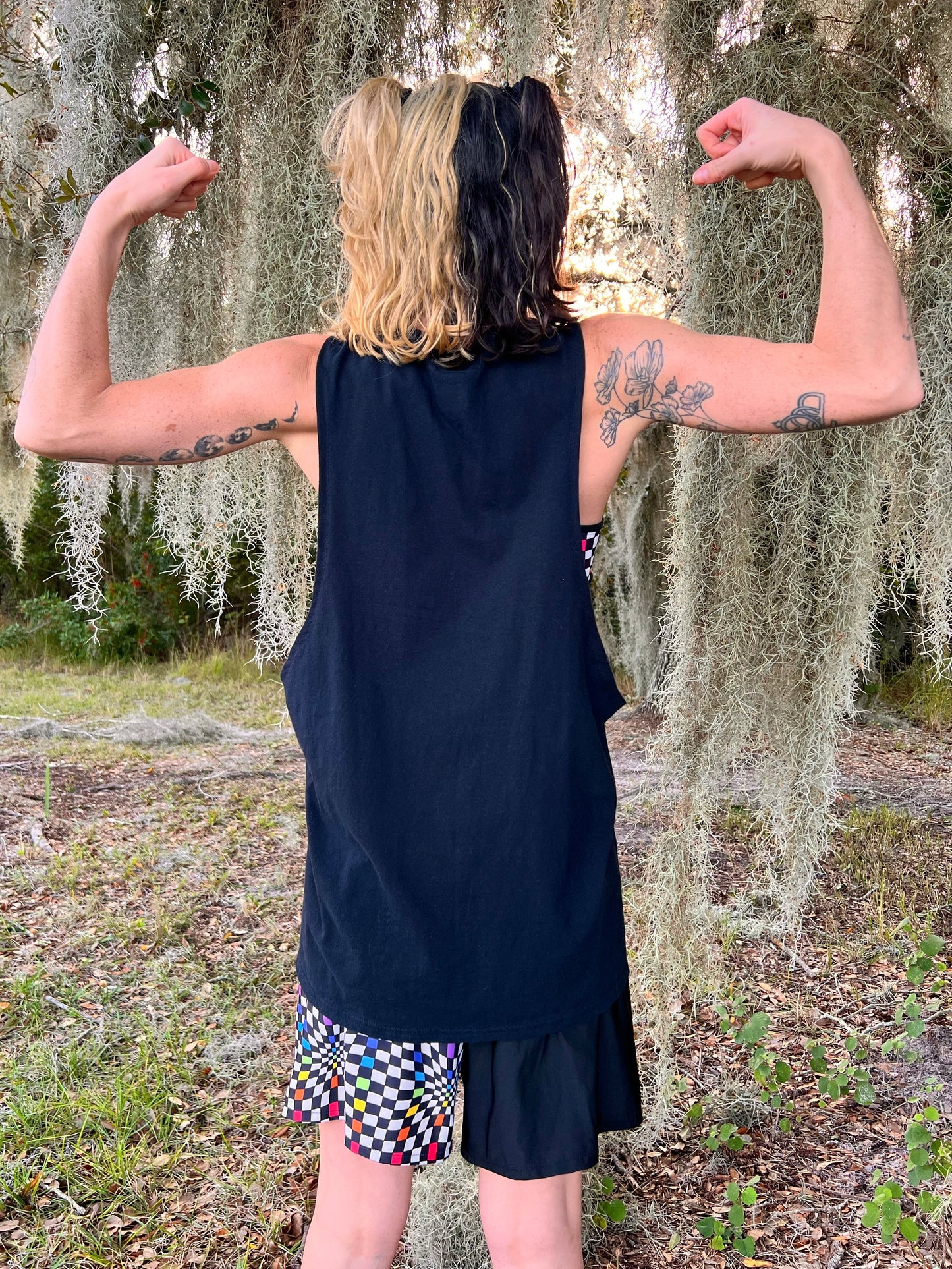 UP-CYCLED Black "We Rave In Peace" Rainbow Check Art Print Tank Top