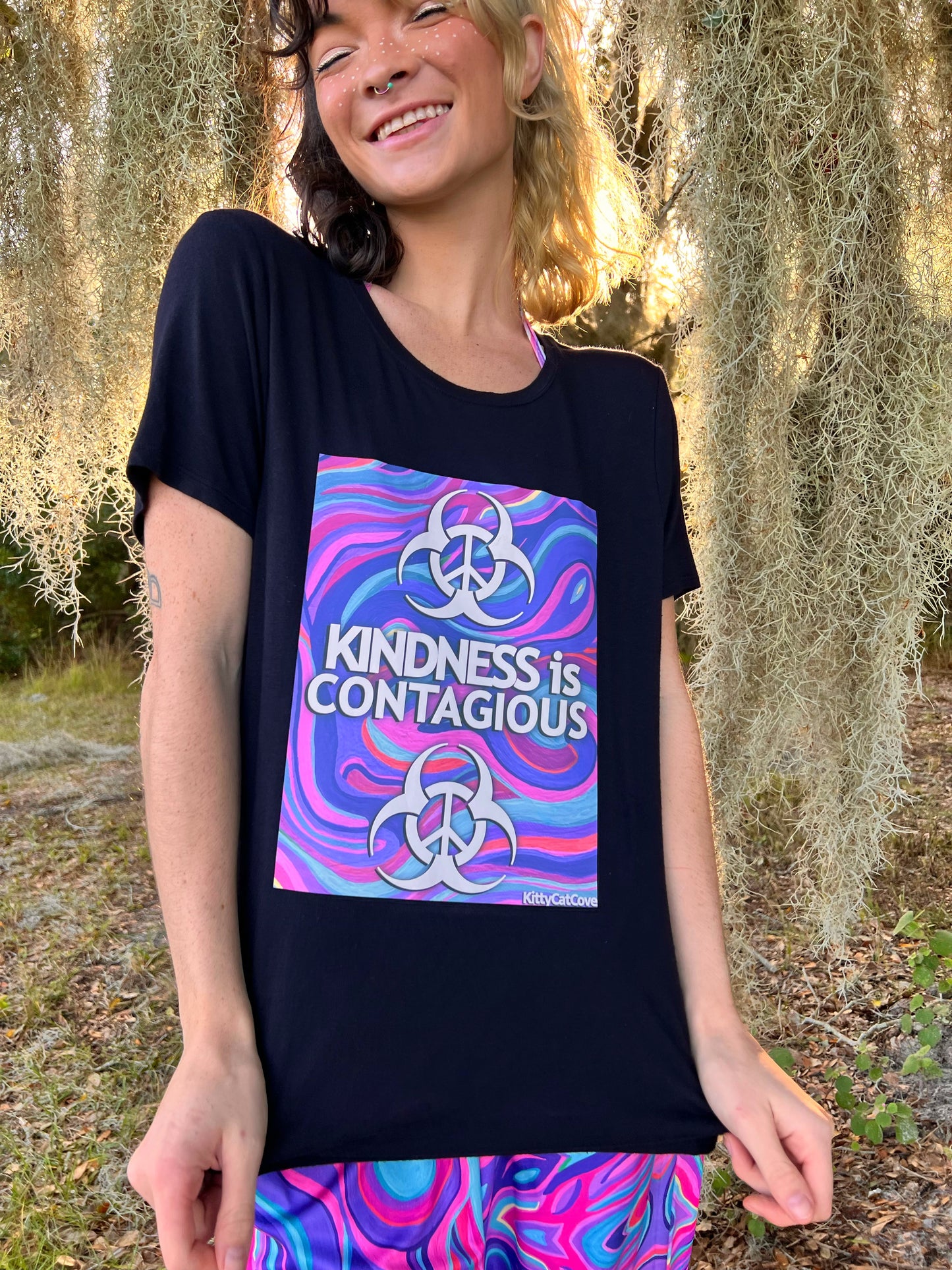 UP-CYCLED Black "Kindness Is Contagious" Amethyst Art Print T-Shirt