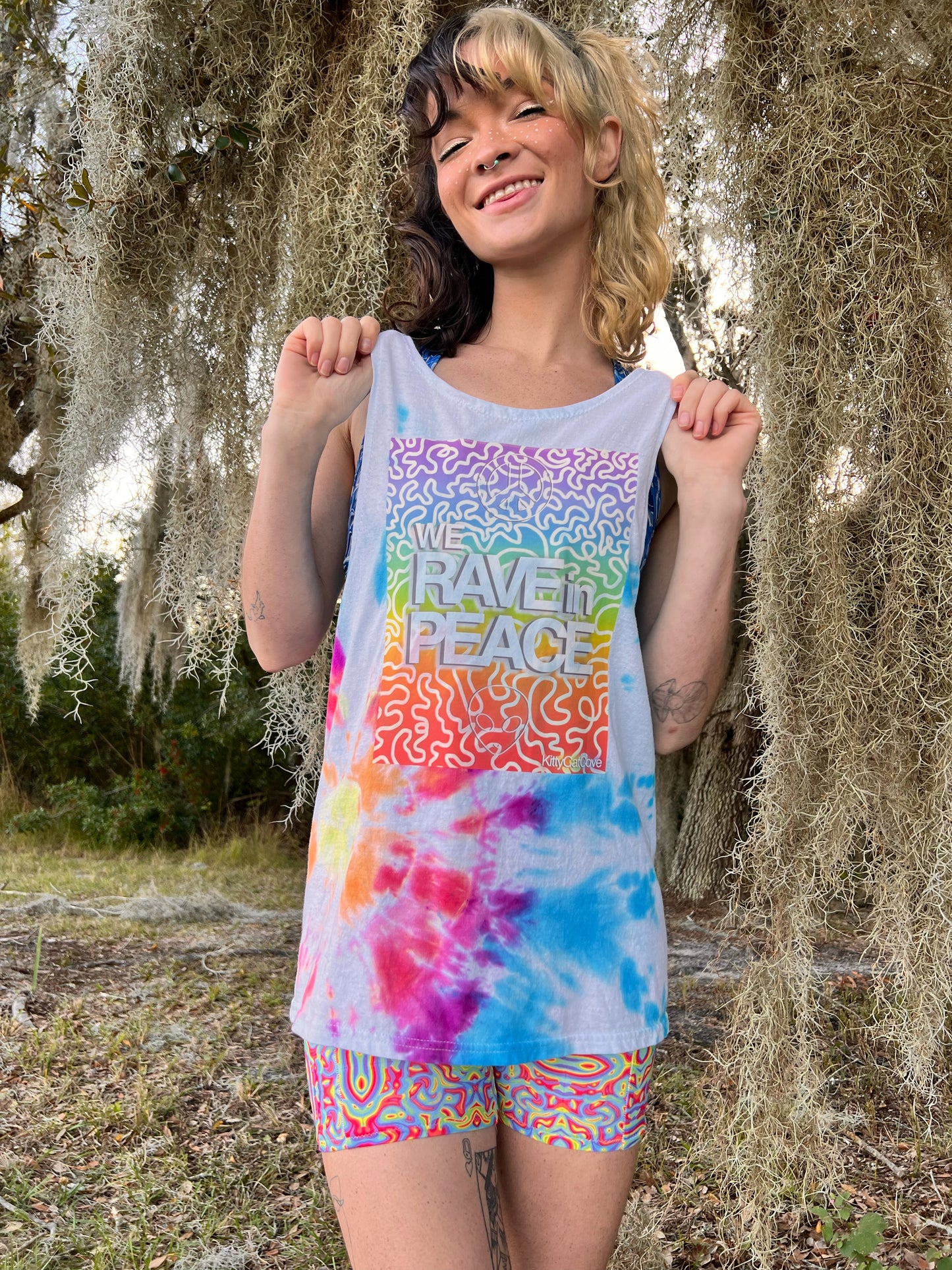 UP-CYCLED Hand Tie Dyed "We Rave In Peace" Rainbow Ombre Art Print Tank Top