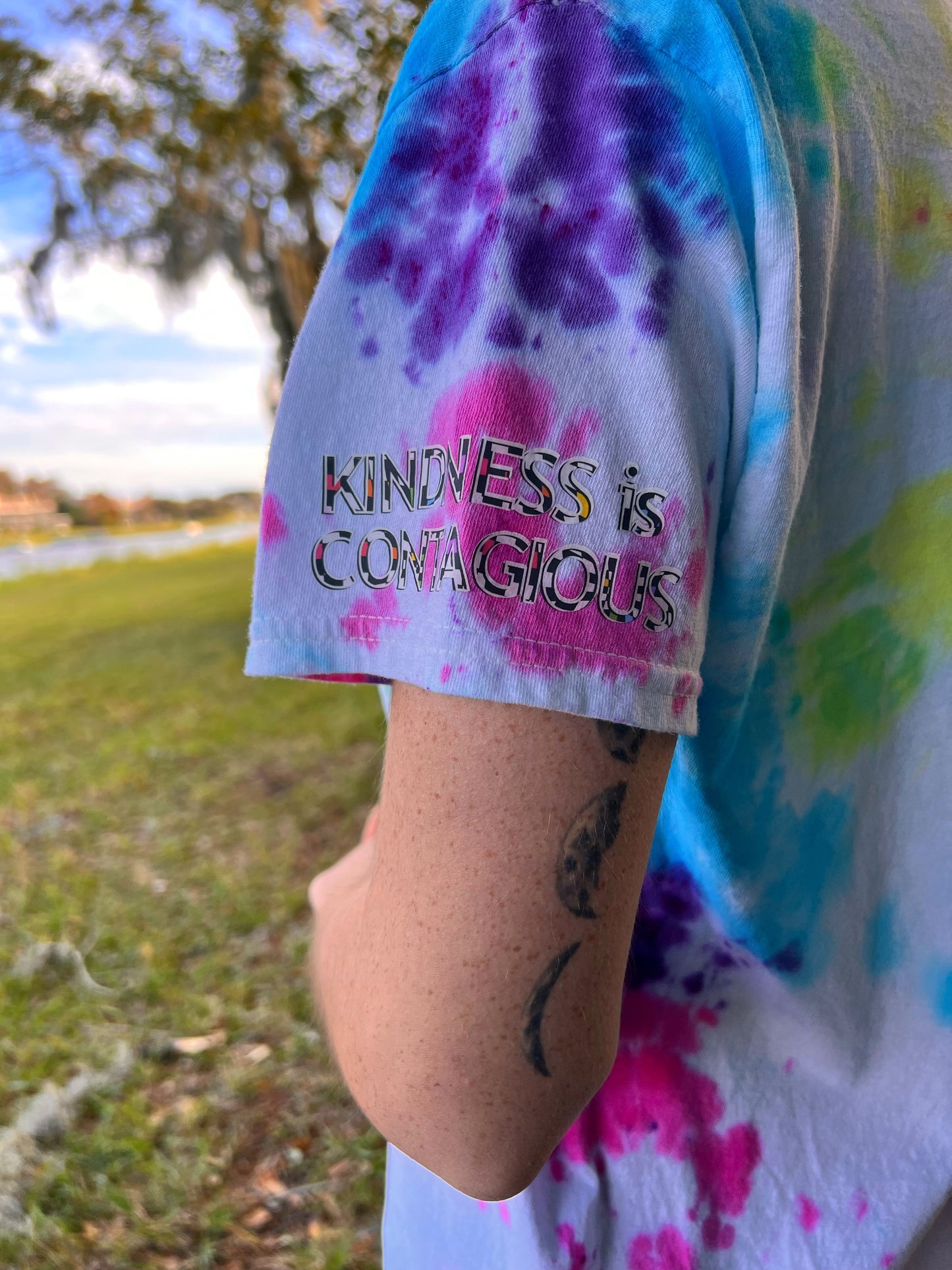 UP-CYCLED Hand Tie Dyed "We Rave In Peace" Rainbow Check Art Print T-Shirt