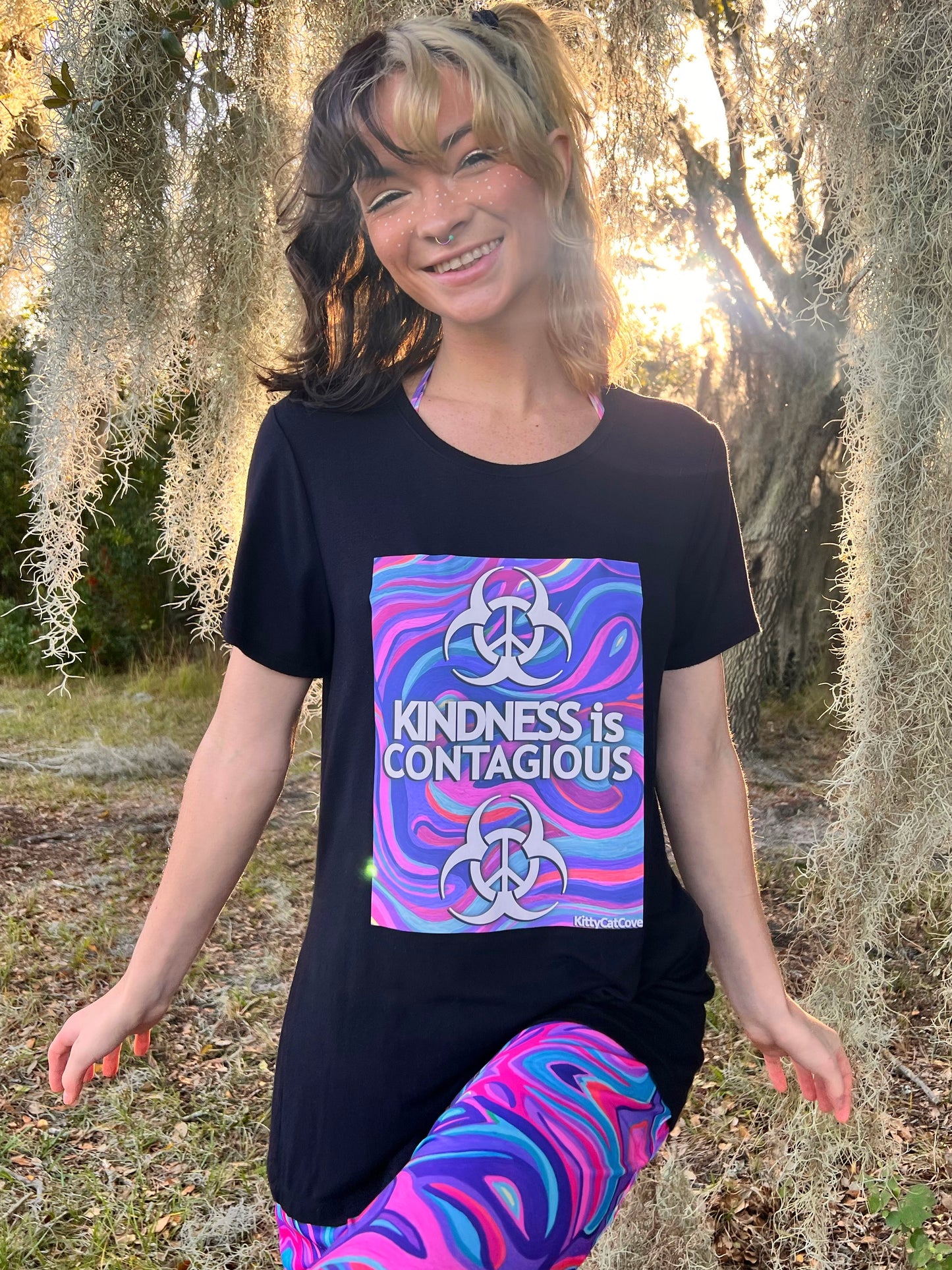 UP-CYCLED Black "Kindness Is Contagious" Amethyst Art Print T-Shirt