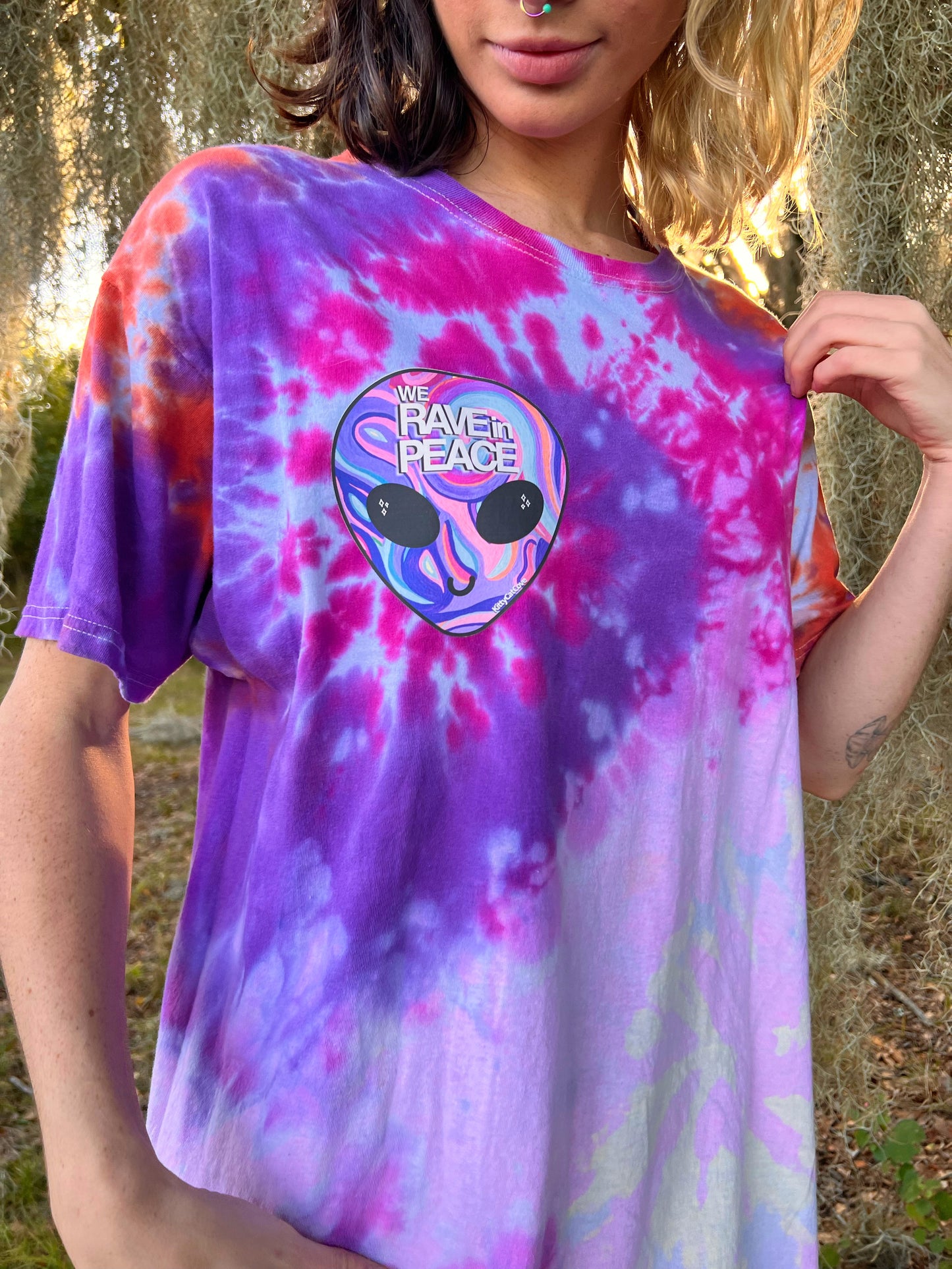 UP-CYCLED Tie Dyed "We Rave In Peace" Amethyst Art Print T-Shirt