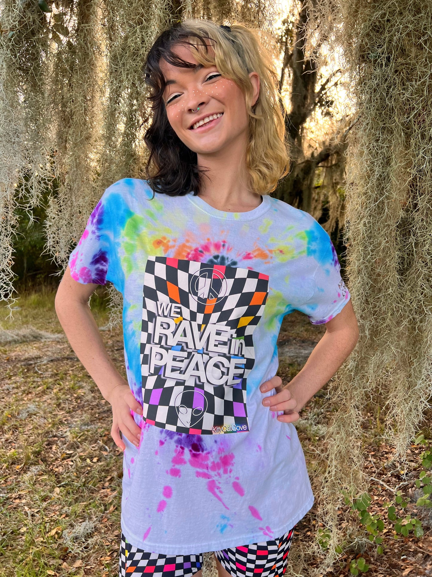 UP-CYCLED Hand Tie Dyed "We Rave In Peace" Rainbow Check Art Print T-Shirt