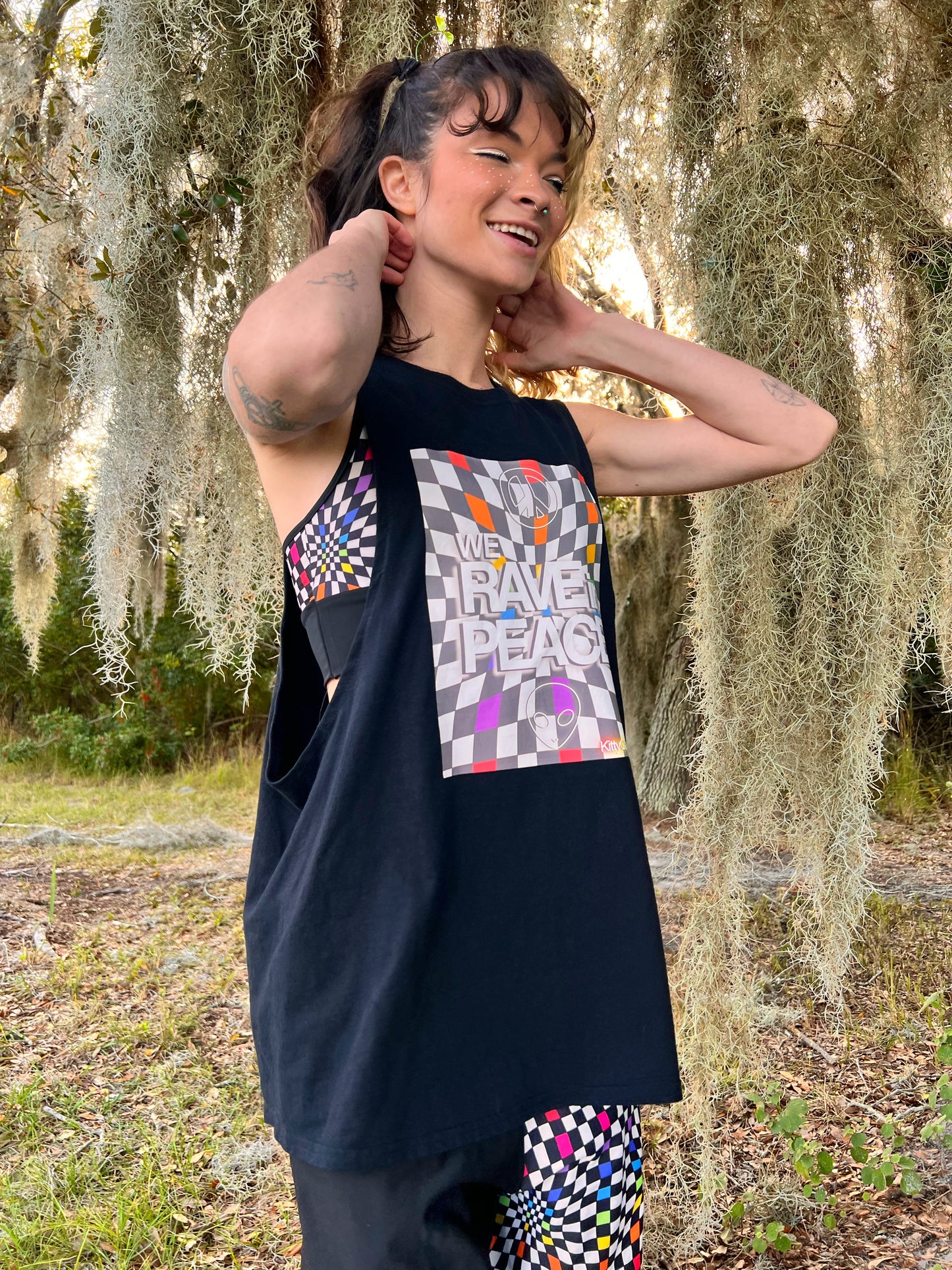 UP-CYCLED Black "We Rave In Peace" Rainbow Check Art Print Tank Top