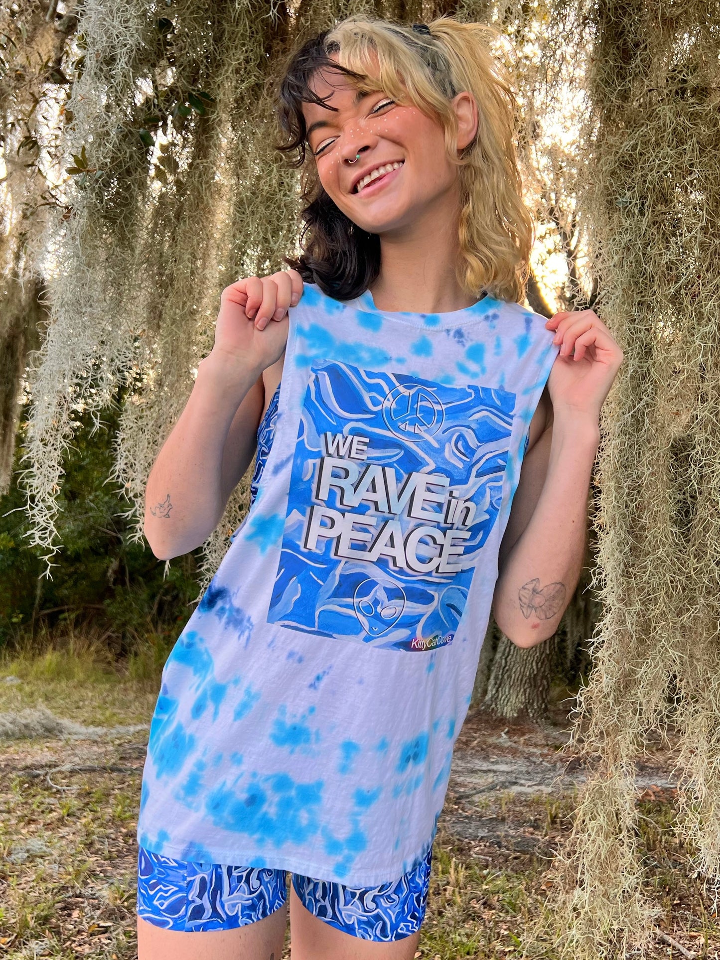 UP-CYCLED Hand Tie Dyed "We Rave In Peace" Pool Party Art Print Tank Top
