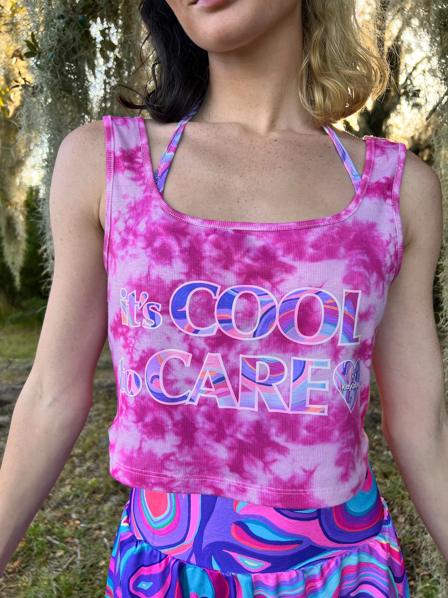 UP-CYCLED "It's Cool to Care" Tie Dye Amethyst Art Print Tank Top