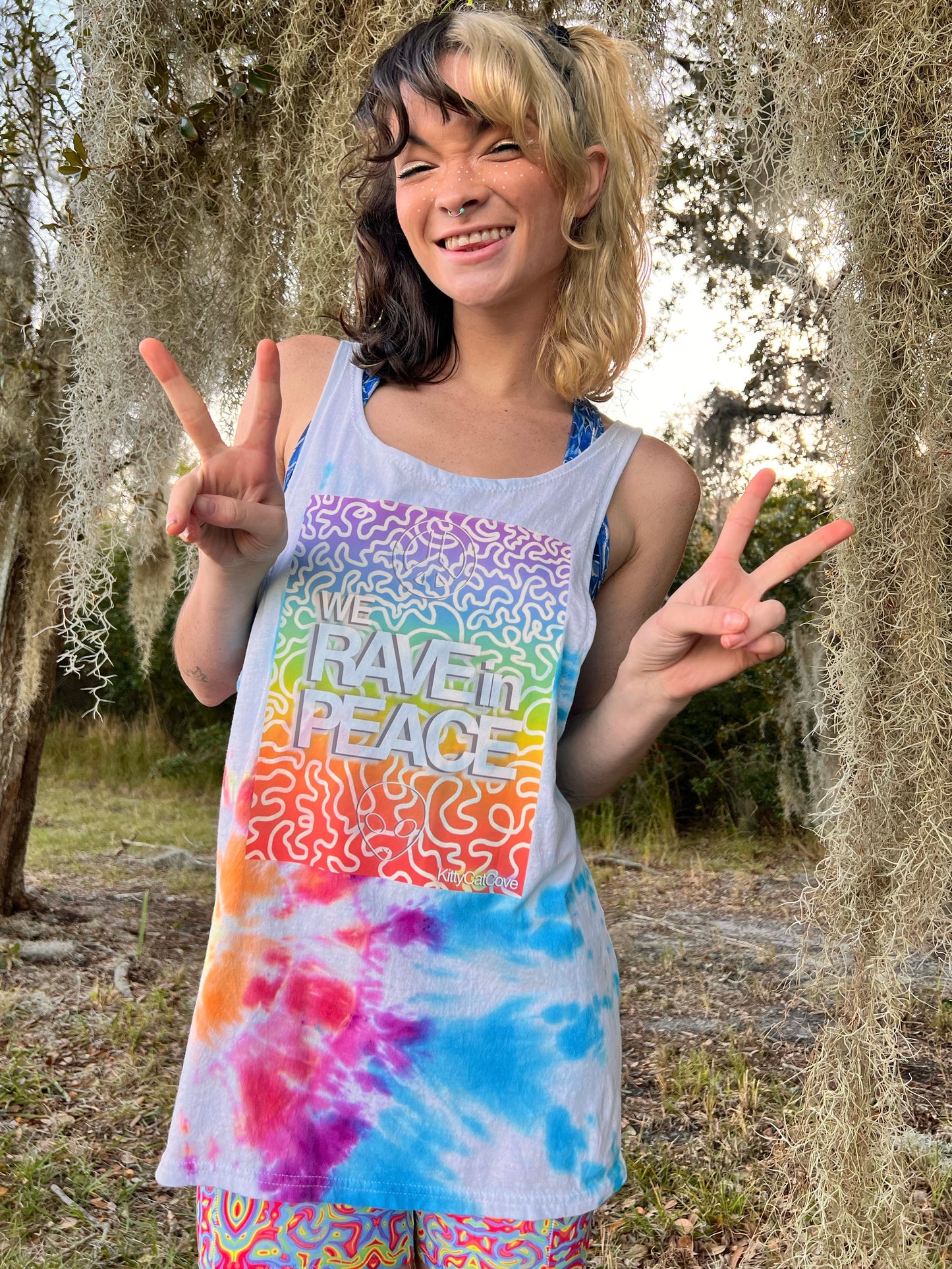 UP-CYCLED Hand Tie Dyed "We Rave In Peace" Rainbow Ombre Art Print Tank Top