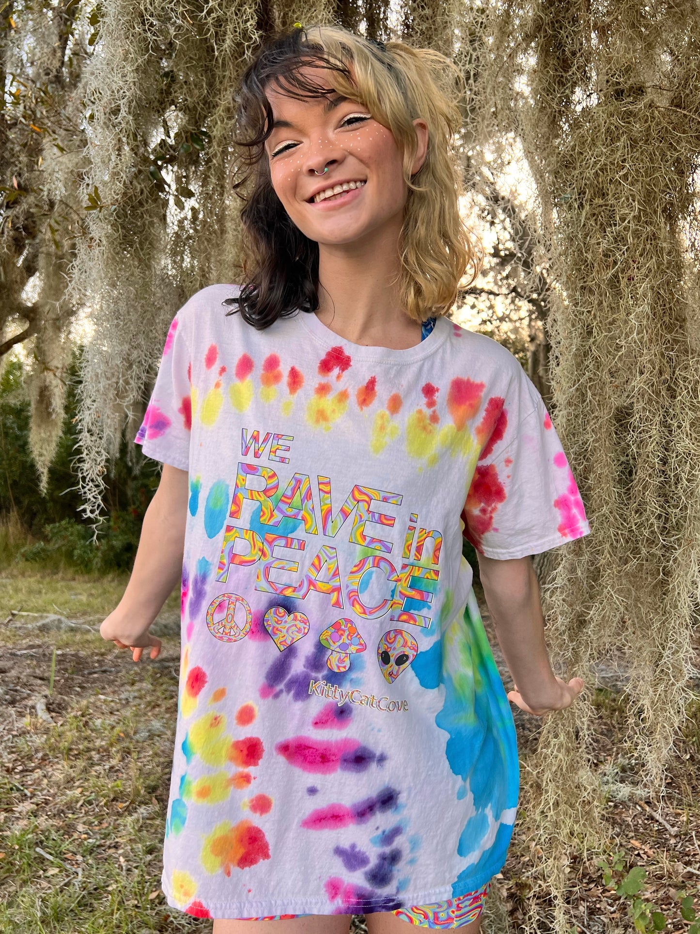 UP-CYCLED Hand Tie Dyed "We Rave In Peace" Rainbow Child Art Print T-Shirt