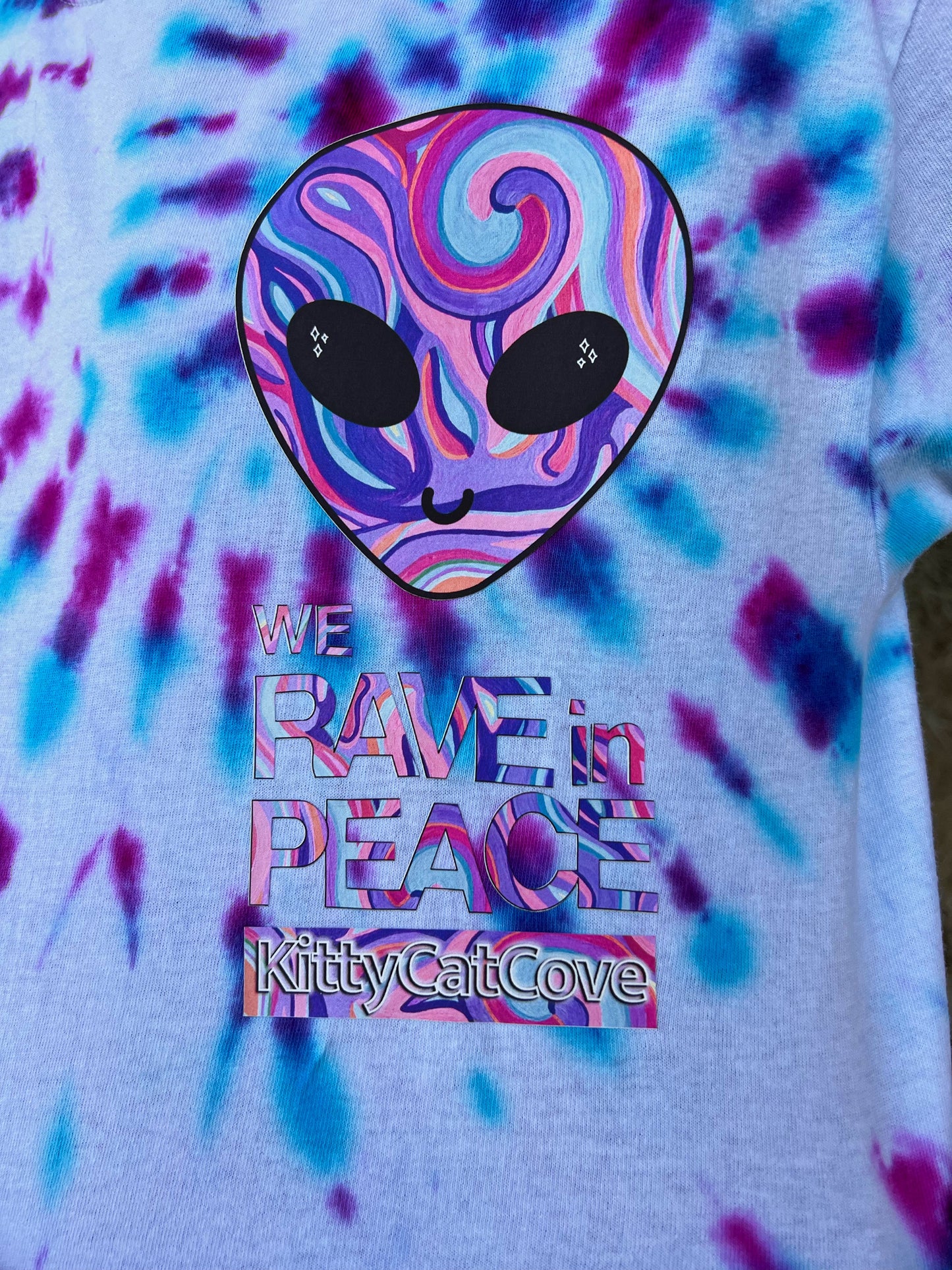 UP-CYCLED Hand Tie Dyed "We Rave In Peace" Amethyst Art Print T-Shirt