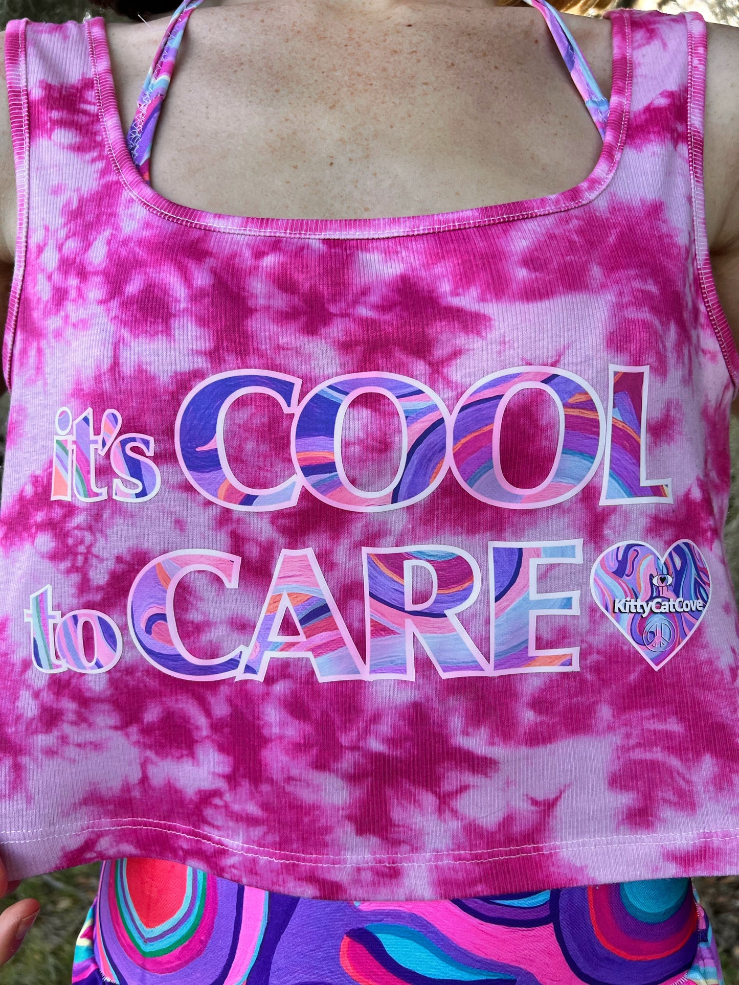 UP-CYCLED "It's Cool to Care" Tie Dye Amethyst Art Print Tank Top