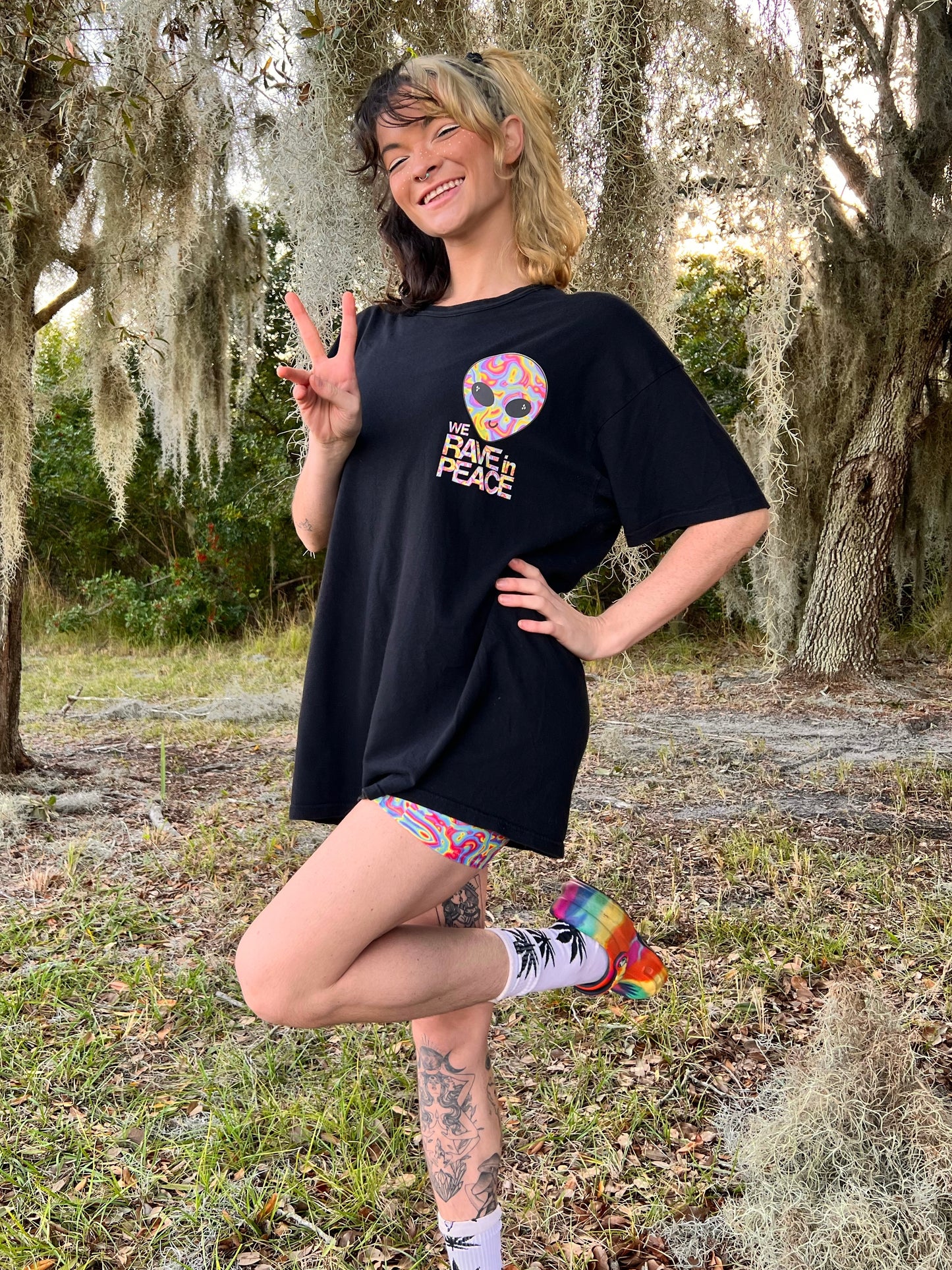 UP-CYCLED Black "We Rave In Peace" Rainbow Child Art Print Black T-Shirt