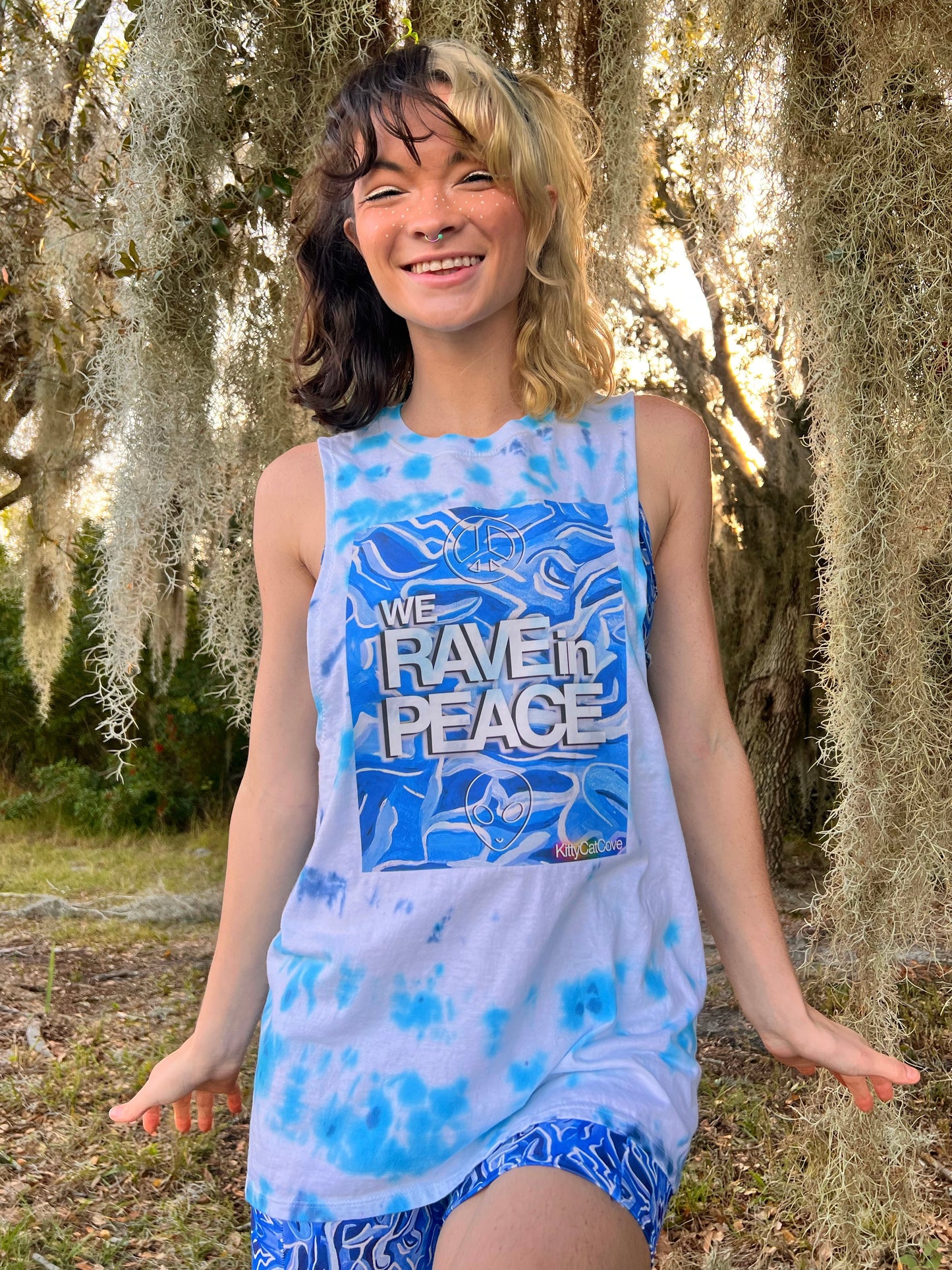 UP-CYCLED Hand Tie Dyed "We Rave In Peace" Pool Party Art Print Tank Top
