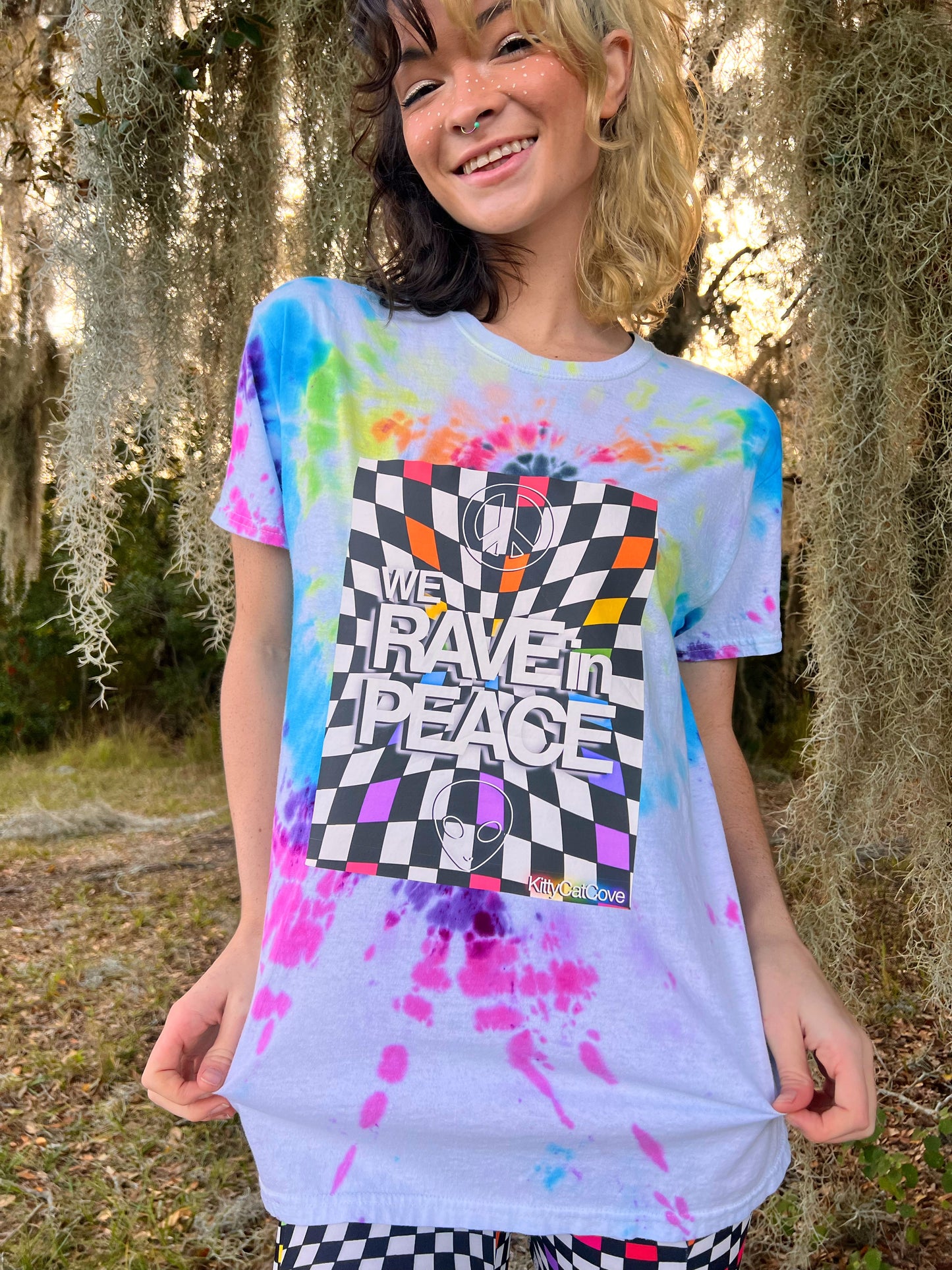 UP-CYCLED Hand Tie Dyed "We Rave In Peace" Rainbow Check Art Print T-Shirt