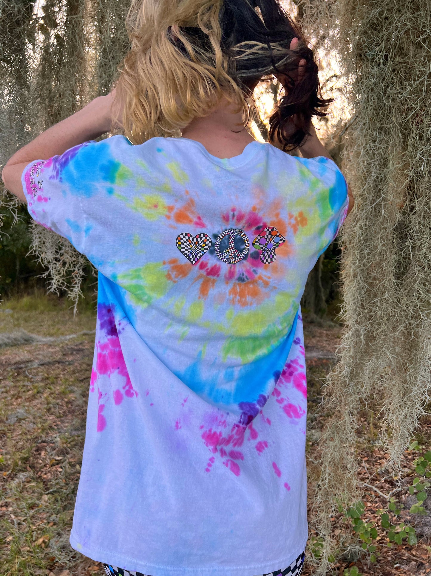 UP-CYCLED Hand Tie Dyed "We Rave In Peace" Rainbow Check Art Print T-Shirt