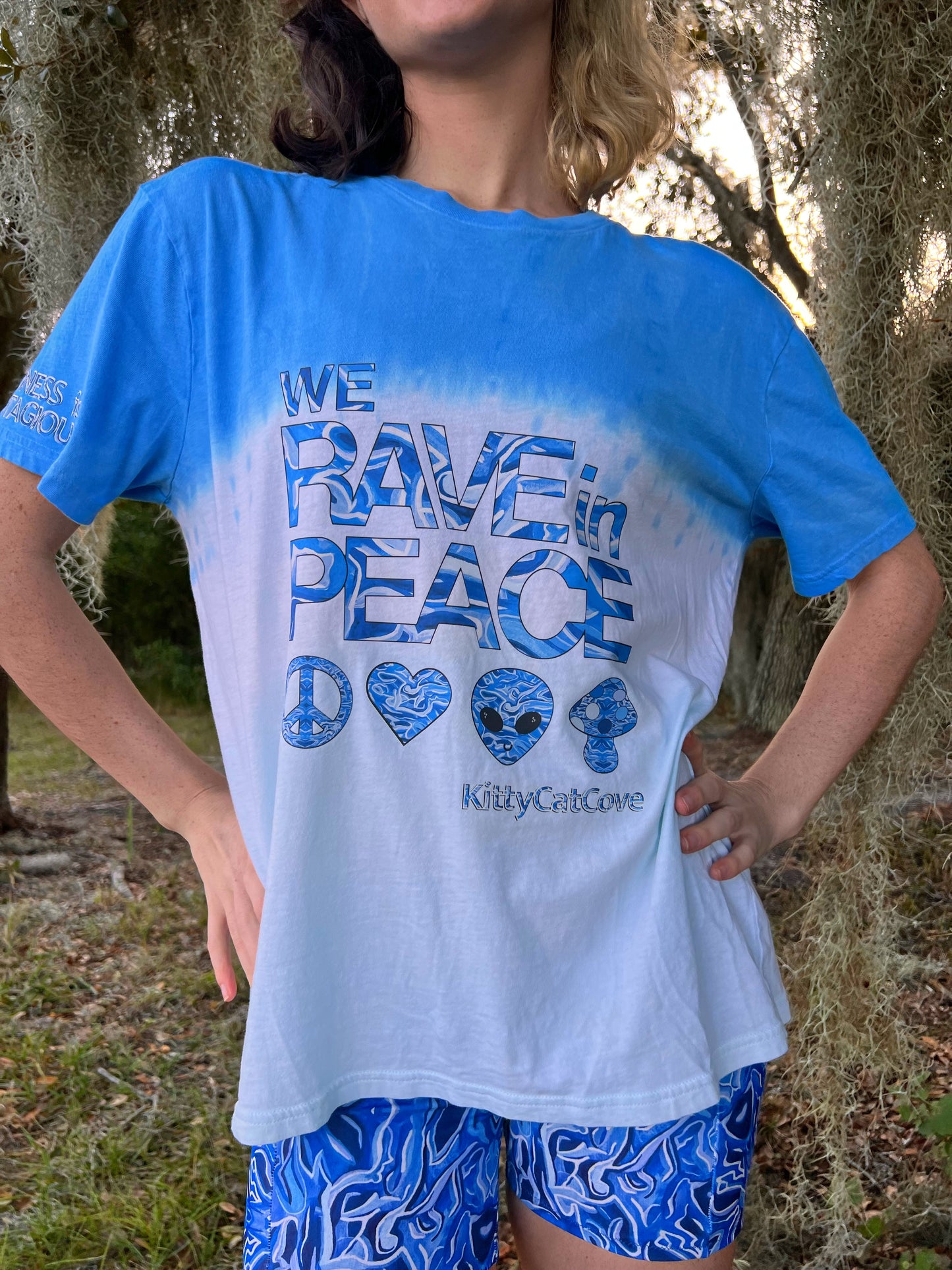UP-CYCLED Blue Ombre "We Rave In Peace" Pool Party Art Print T-Shirt