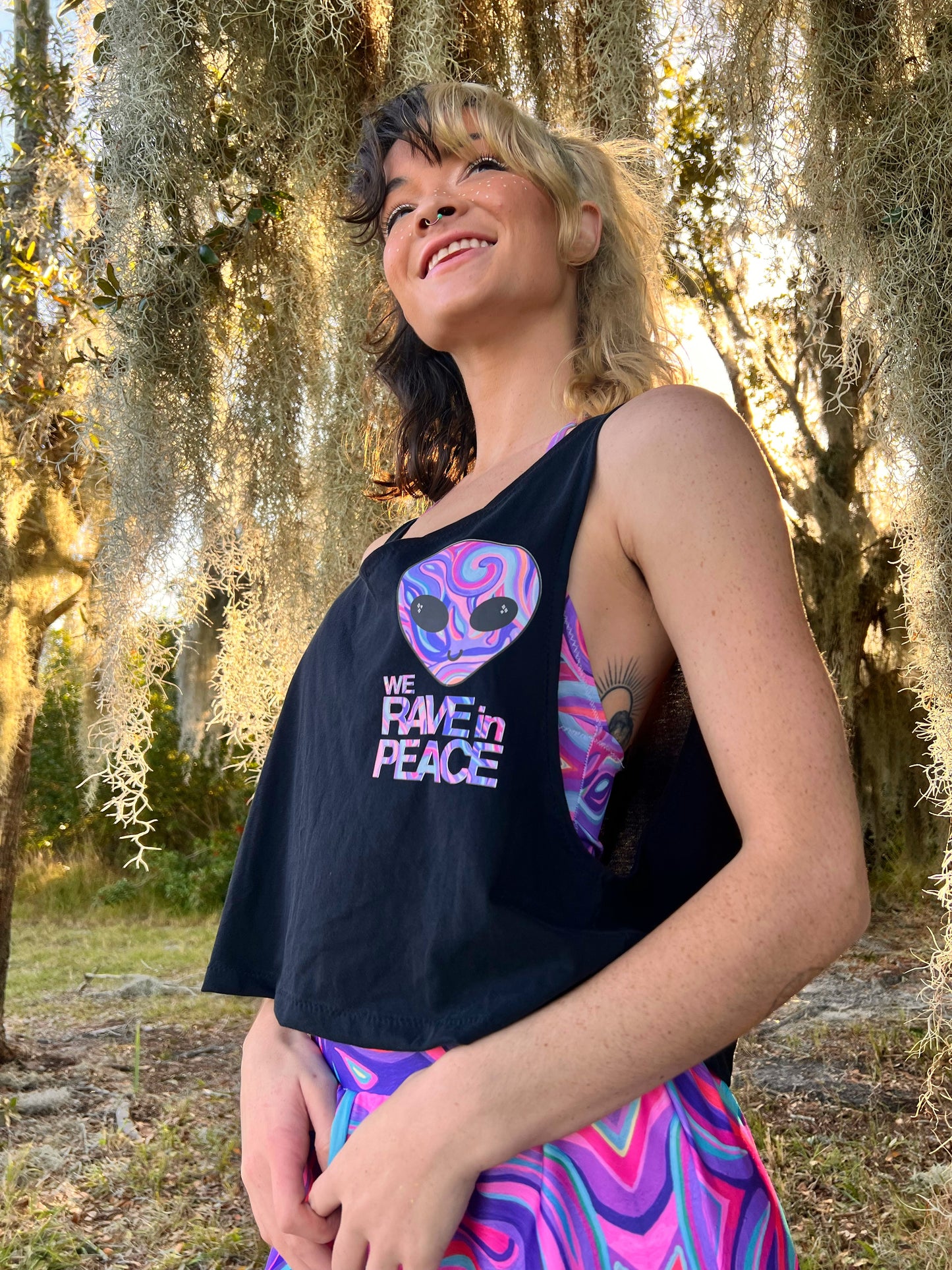 UP-CYCLED Black "We Rave In Peace" Amethyst Art Print Tank Top