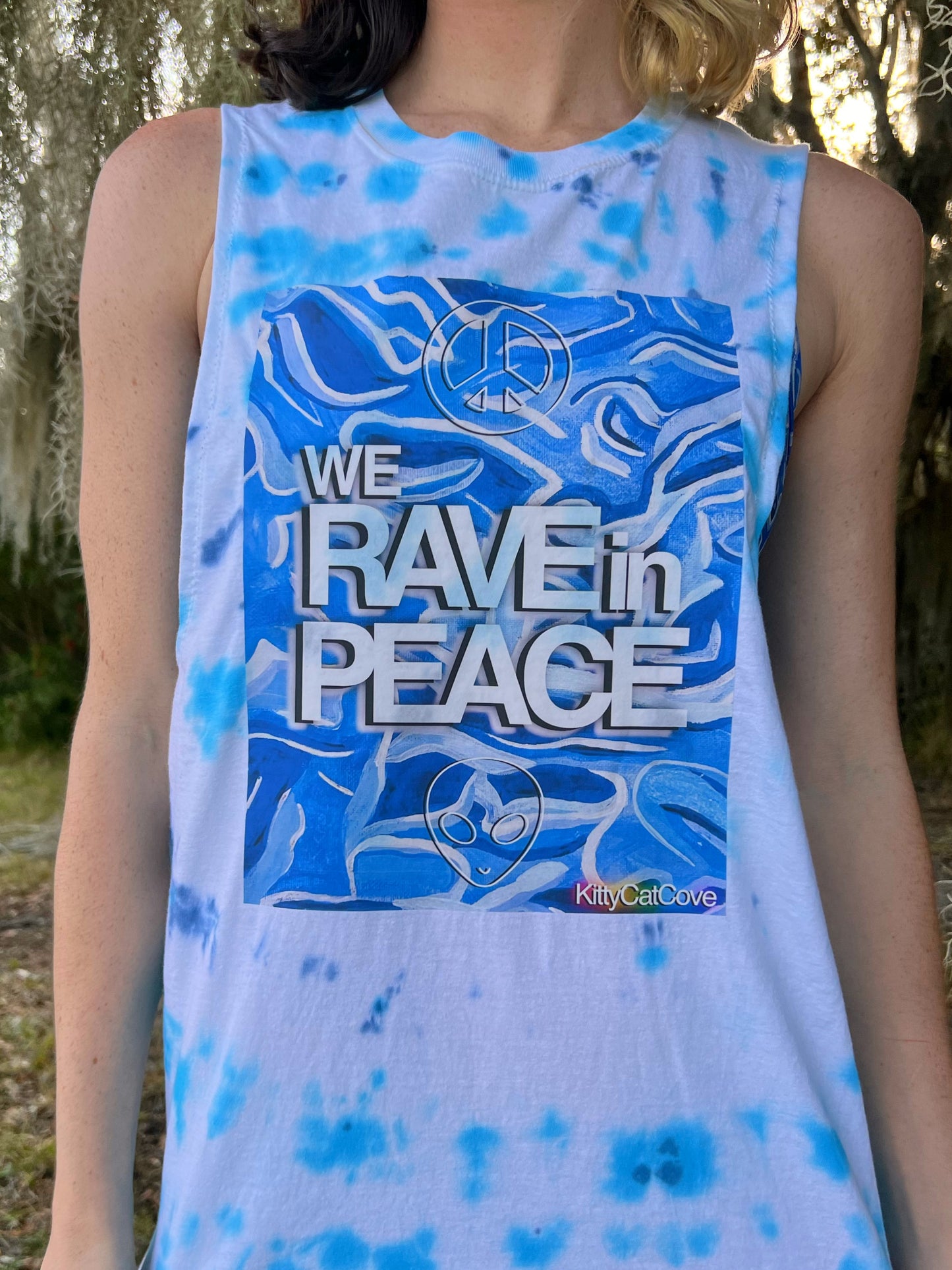 UP-CYCLED Hand Tie Dyed "We Rave In Peace" Pool Party Art Print Tank Top