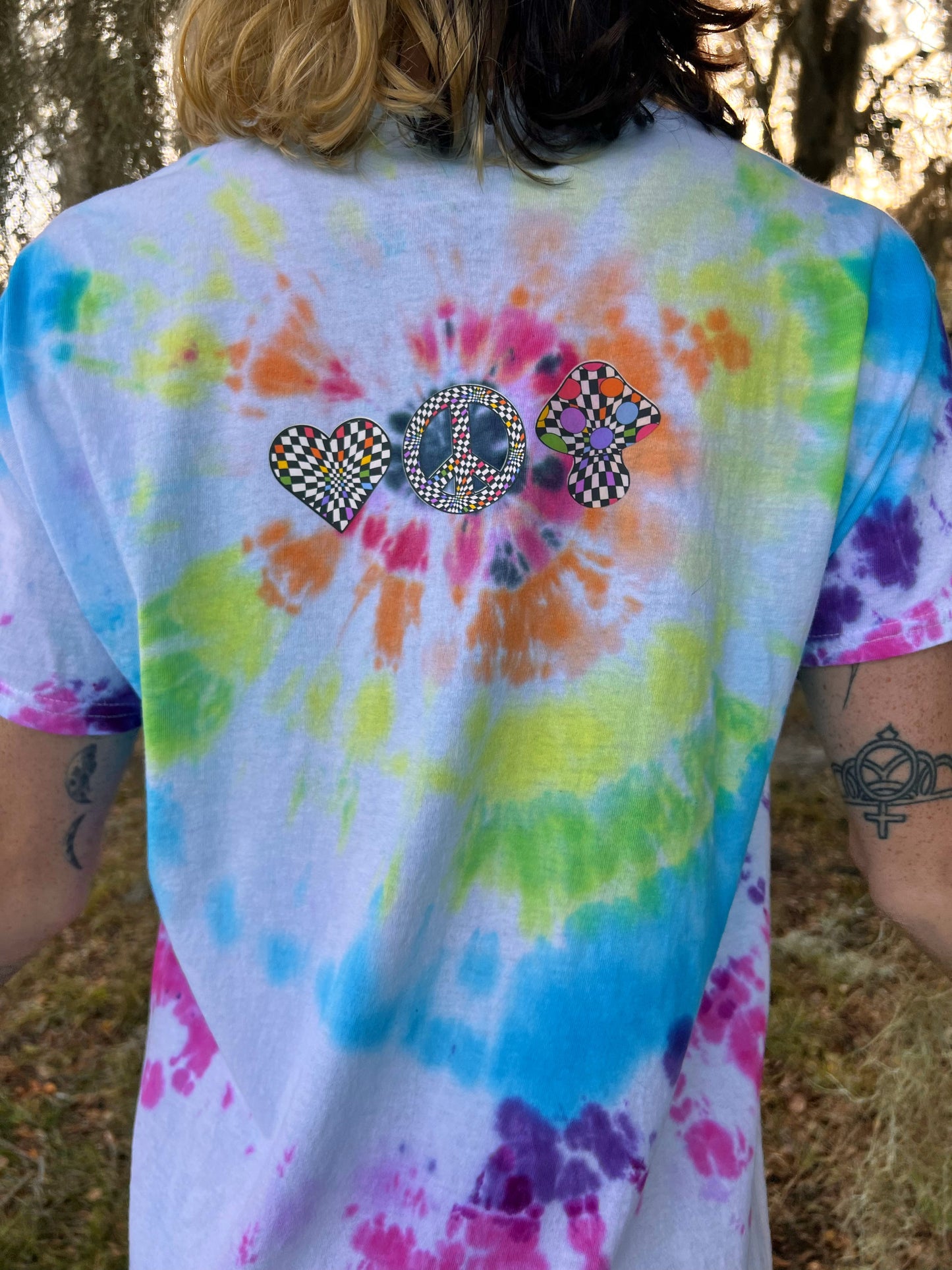 UP-CYCLED Hand Tie Dyed "We Rave In Peace" Rainbow Check Art Print T-Shirt