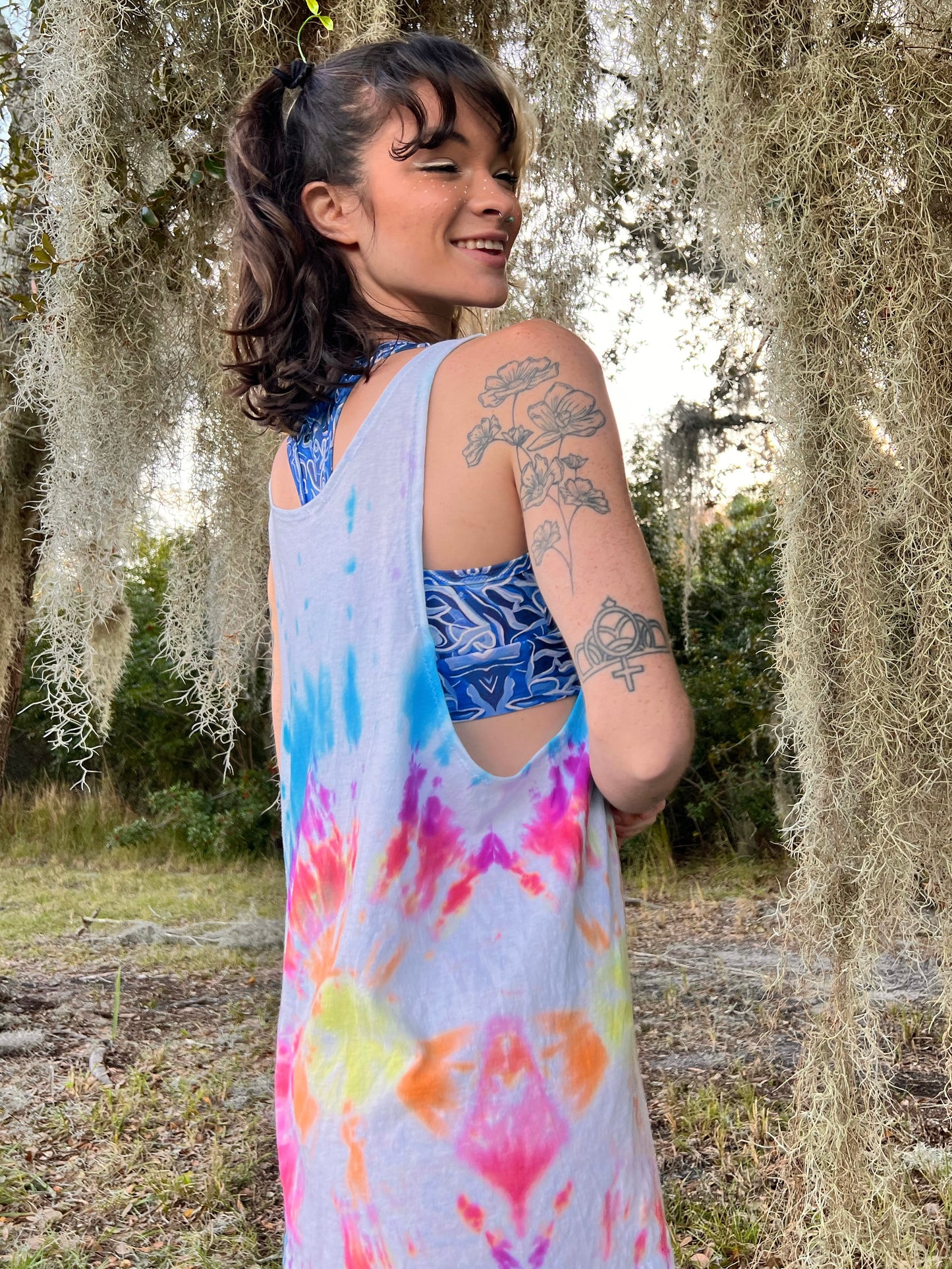 UP-CYCLED Hand Tie Dyed "We Rave In Peace" Rainbow Ombre Art Print Tank Top