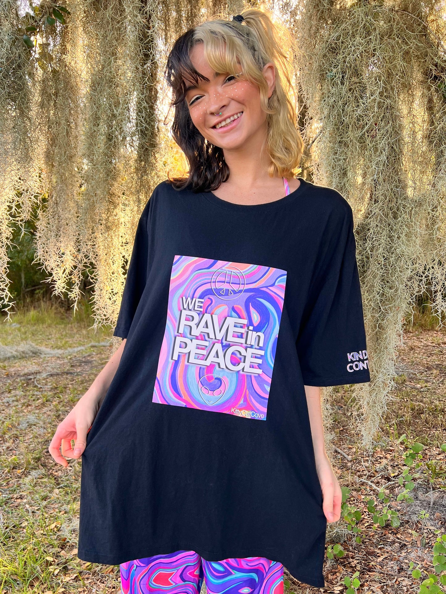 UP-CYCLED Black "We Rave In Peace" Amethyst Art Print T-Shirt