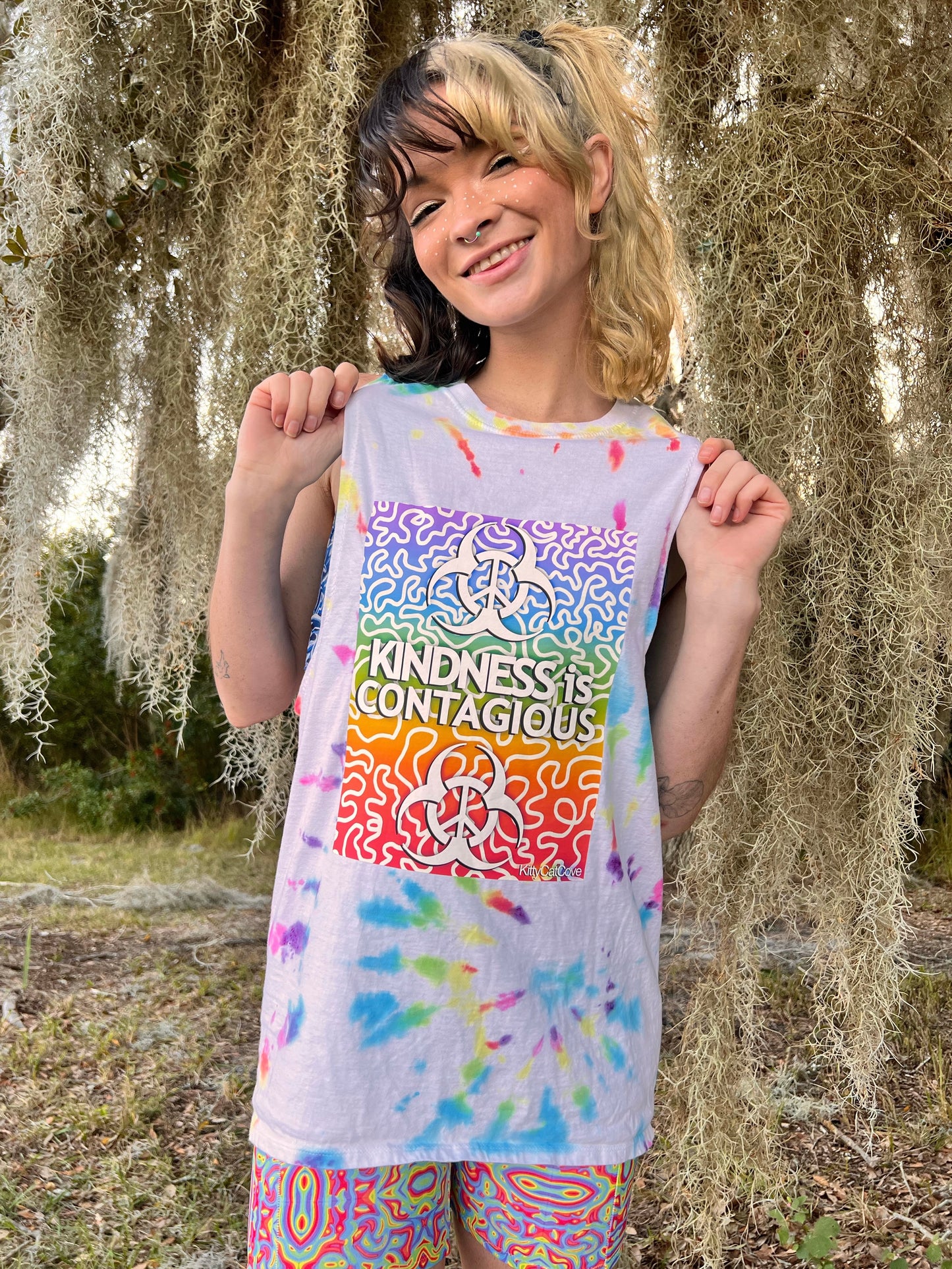 UP-CYCLED Rainbow Hand Tie Dyed "Kindness is Contagious" Tank Top