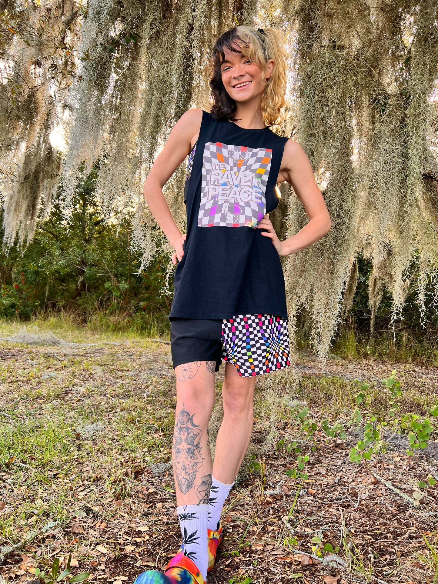 UP-CYCLED Black "We Rave In Peace" Rainbow Check Art Print Tank Top