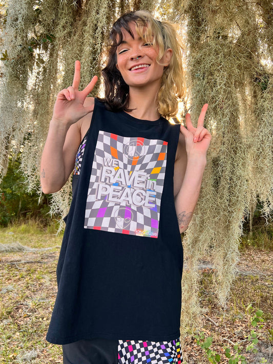 UP-CYCLED Black "We Rave In Peace" Rainbow Check Art Print Tank Top