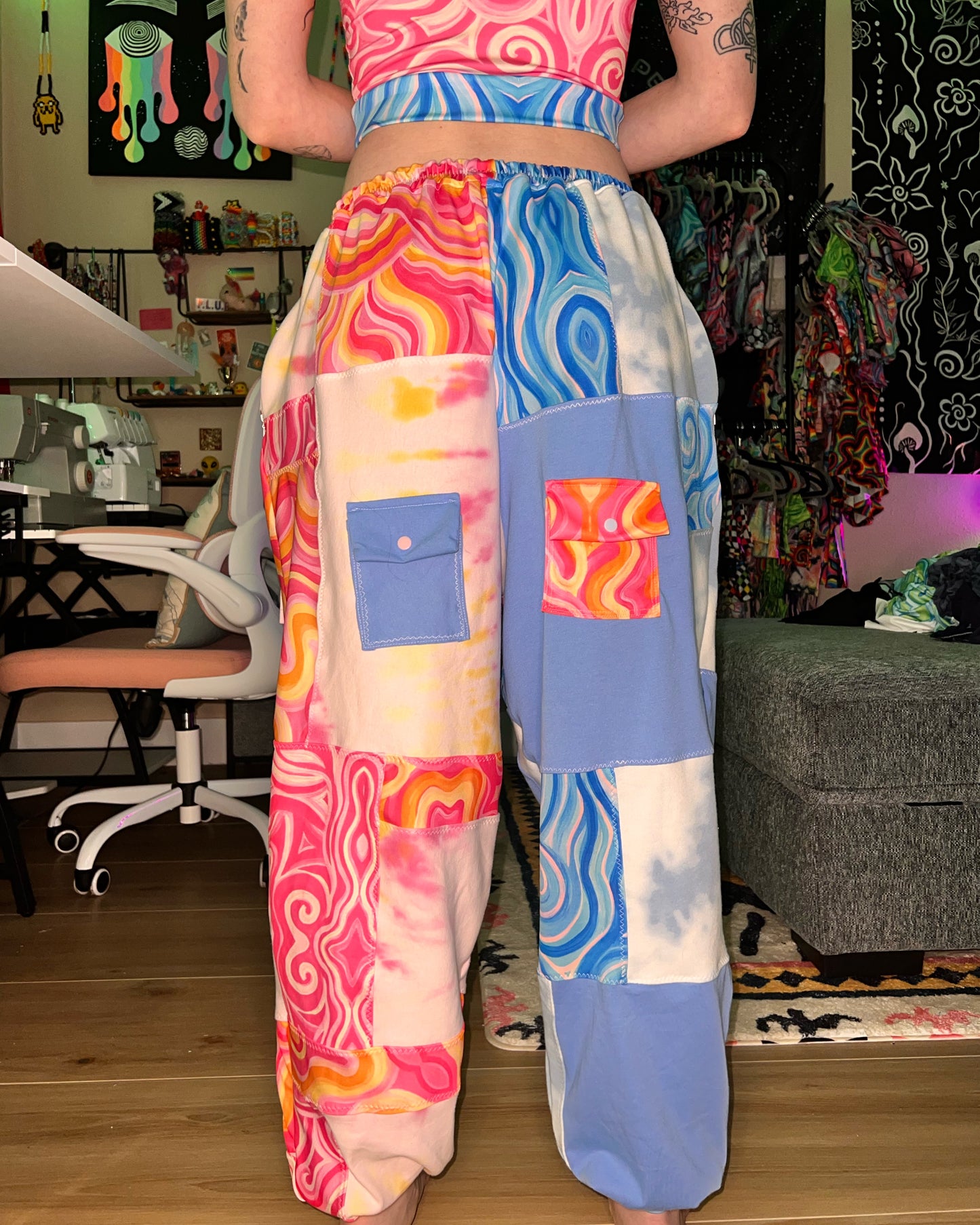 Patchwork Cargo Flow Pants "Aqua X Princess" Design