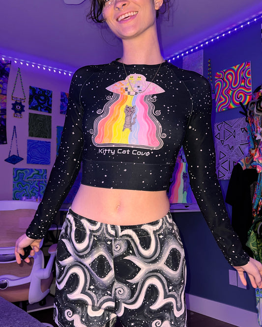 Long Sleeve Crop Top- "Long Kitty Space Party" Artwork Design