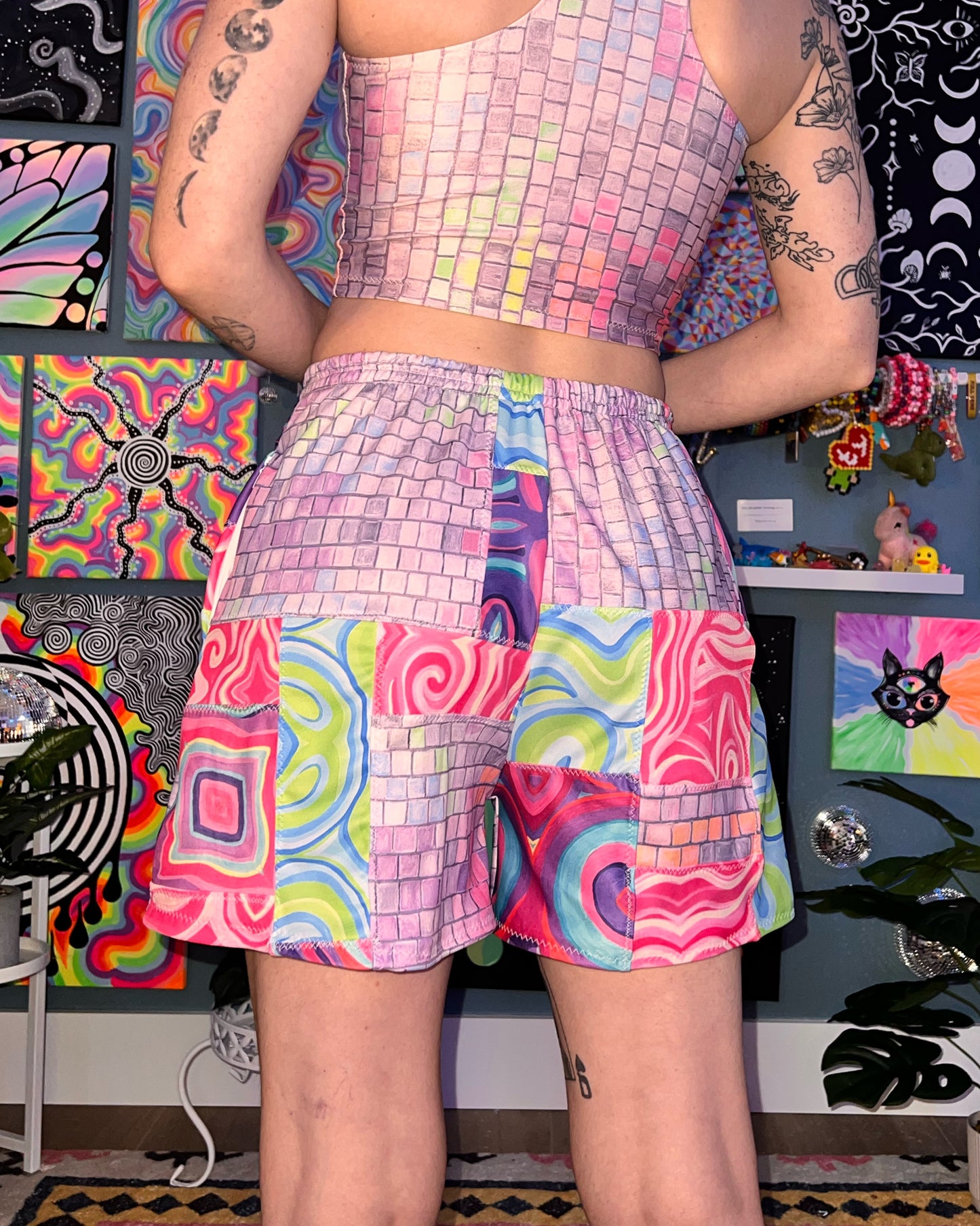"Disco Kitty" Patchwork Flow Shorts (Small- Ready To Ship)
