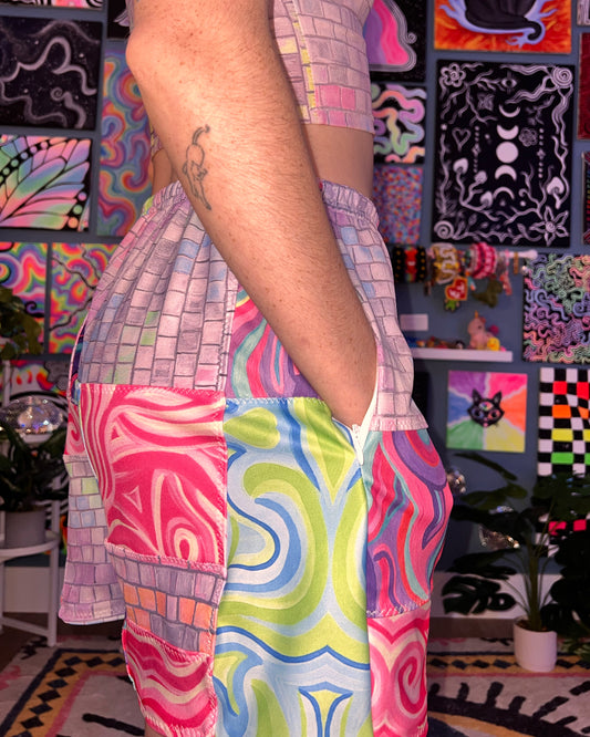 "Disco Kitty" Patchwork Flow Shorts (Small- Ready To Ship)