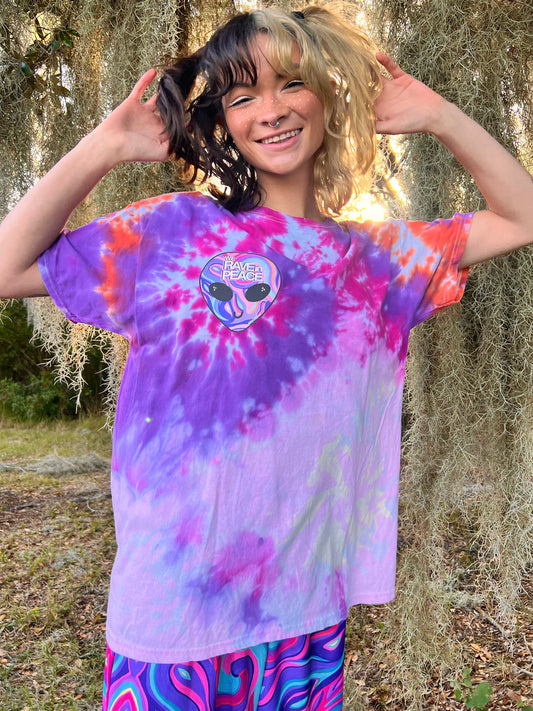 UP-CYCLED Tie Dyed "We Rave In Peace" Amethyst Art Print T-Shirt