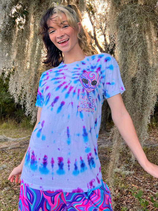 UP-CYCLED Hand Tie Dyed "We Rave In Peace" Amethyst Art Print T-Shirt