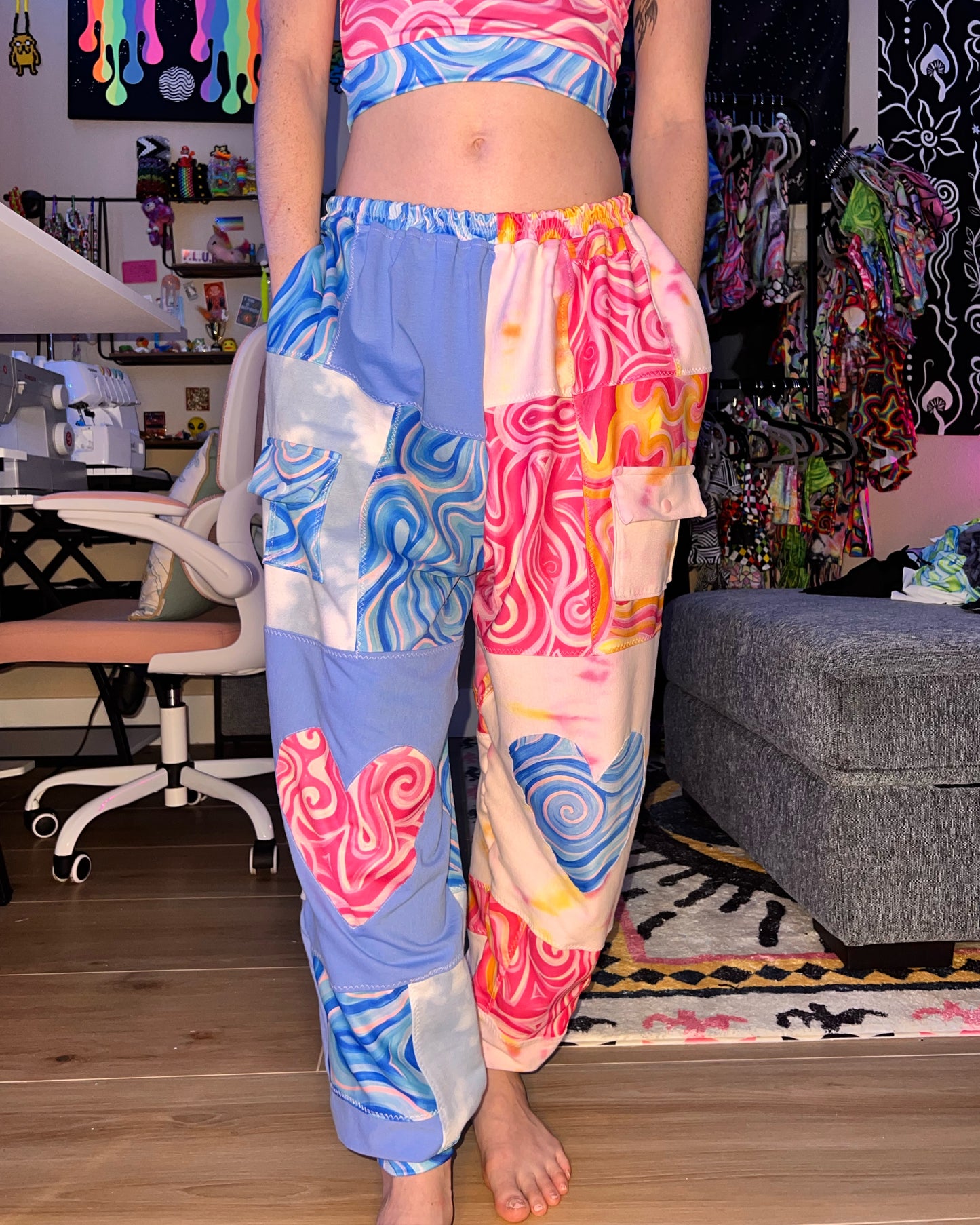 Patchwork Cargo Flow Pants "Aqua X Princess" Design