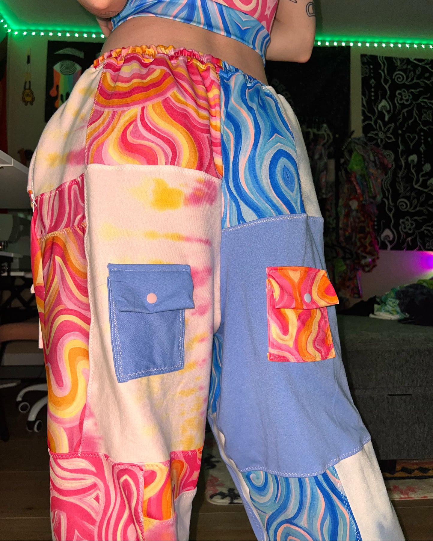 Patchwork Cargo Flow Pants "Aqua X Princess" Design